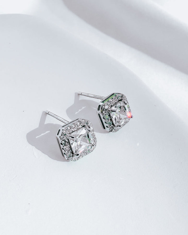 Sterling Silver Square Halo Stud Earrings