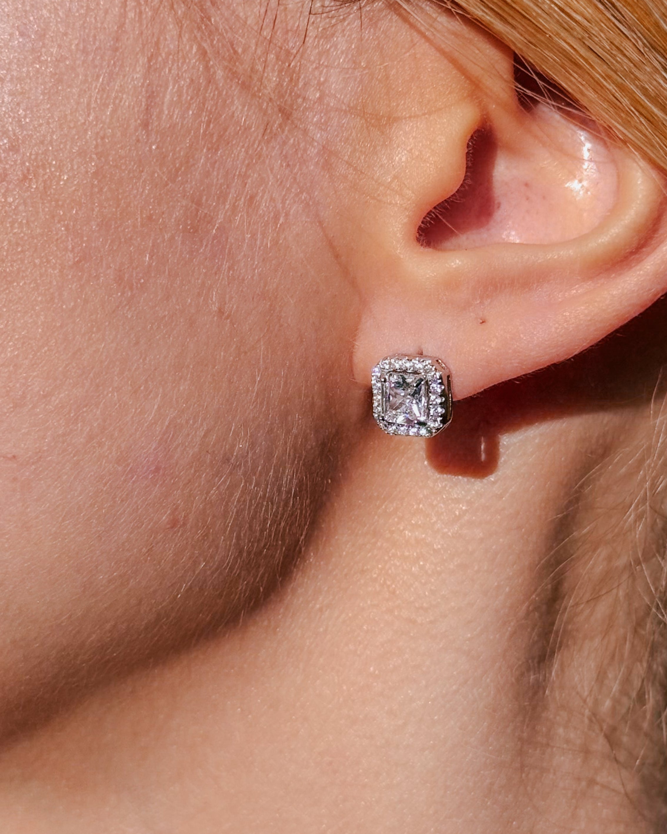 Sterling Silver Square Halo Stud Earrings