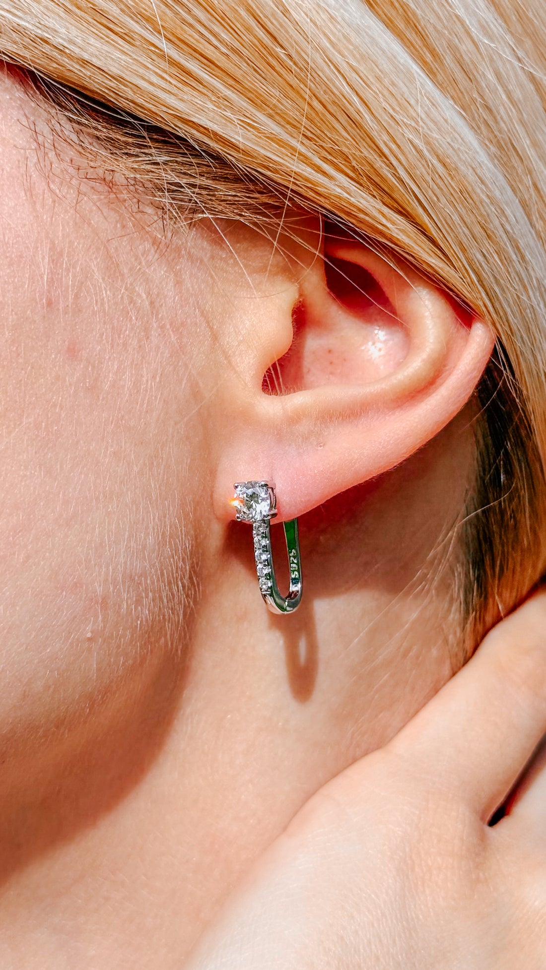 925 Sterling Silver Safety Pin Earrings with Cubic Zirconia 5mm