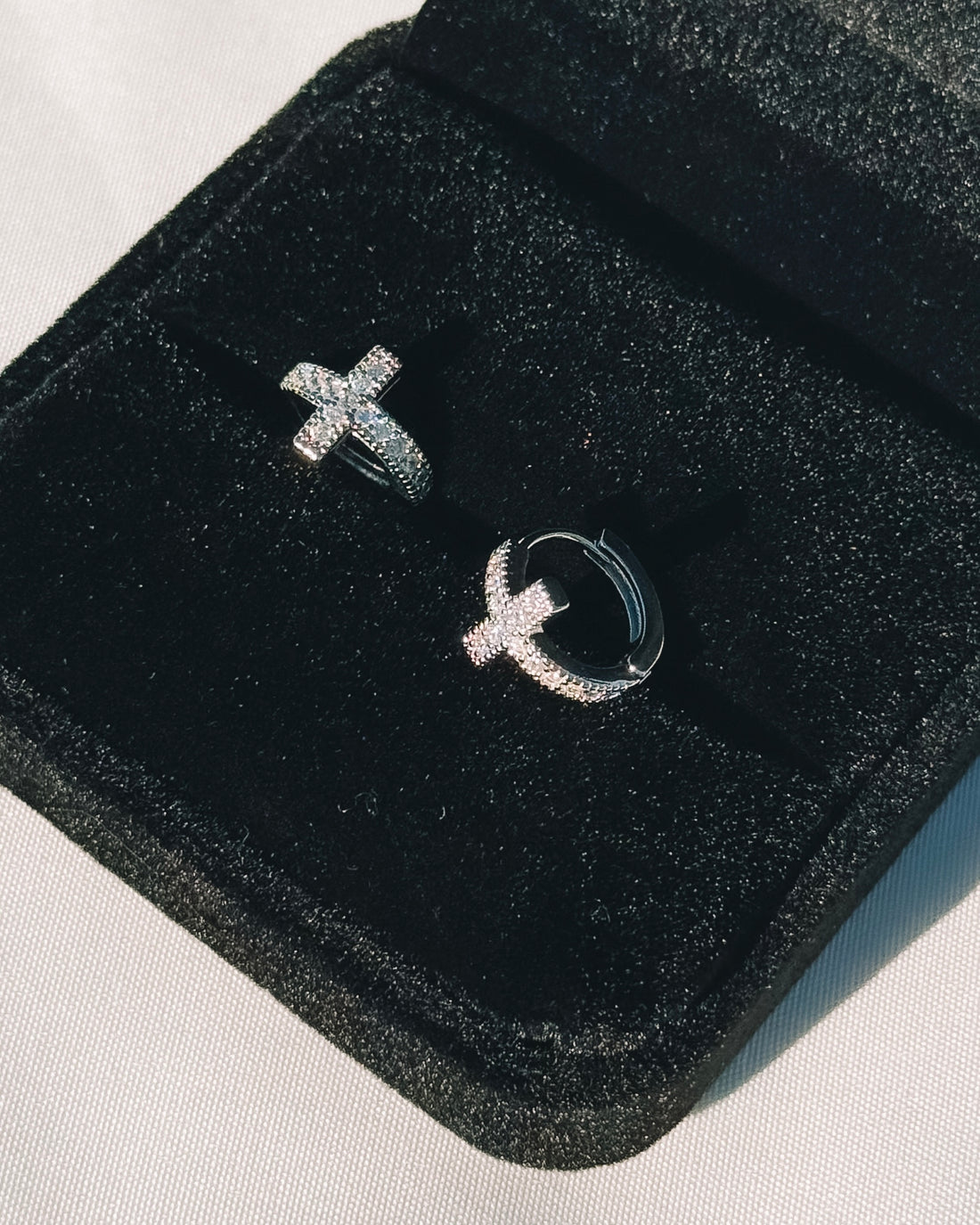 14mm Huggie Hoop Cross Earrings with CZ Stones