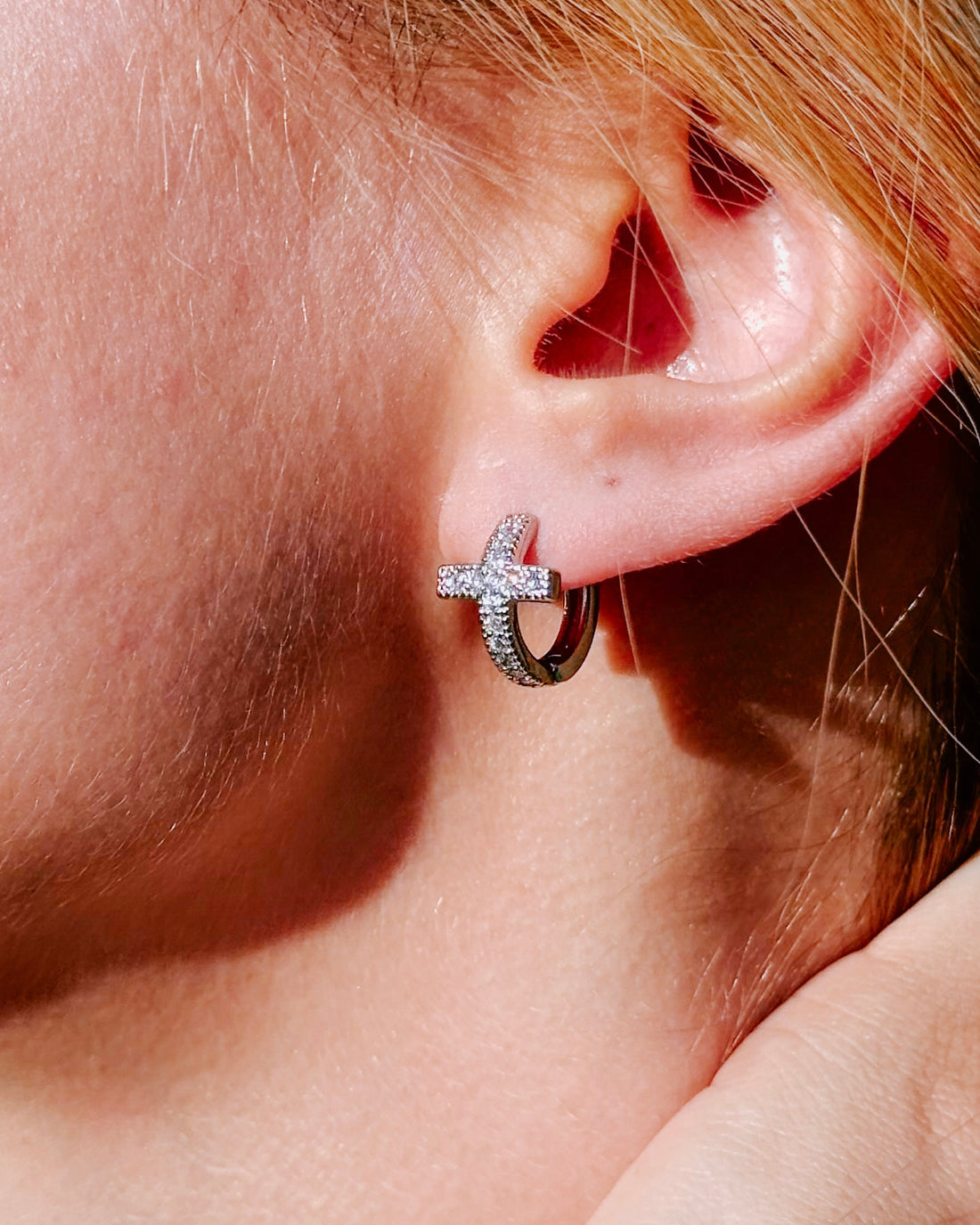 14mm Huggie Hoop Cross Earrings with CZ Stones
