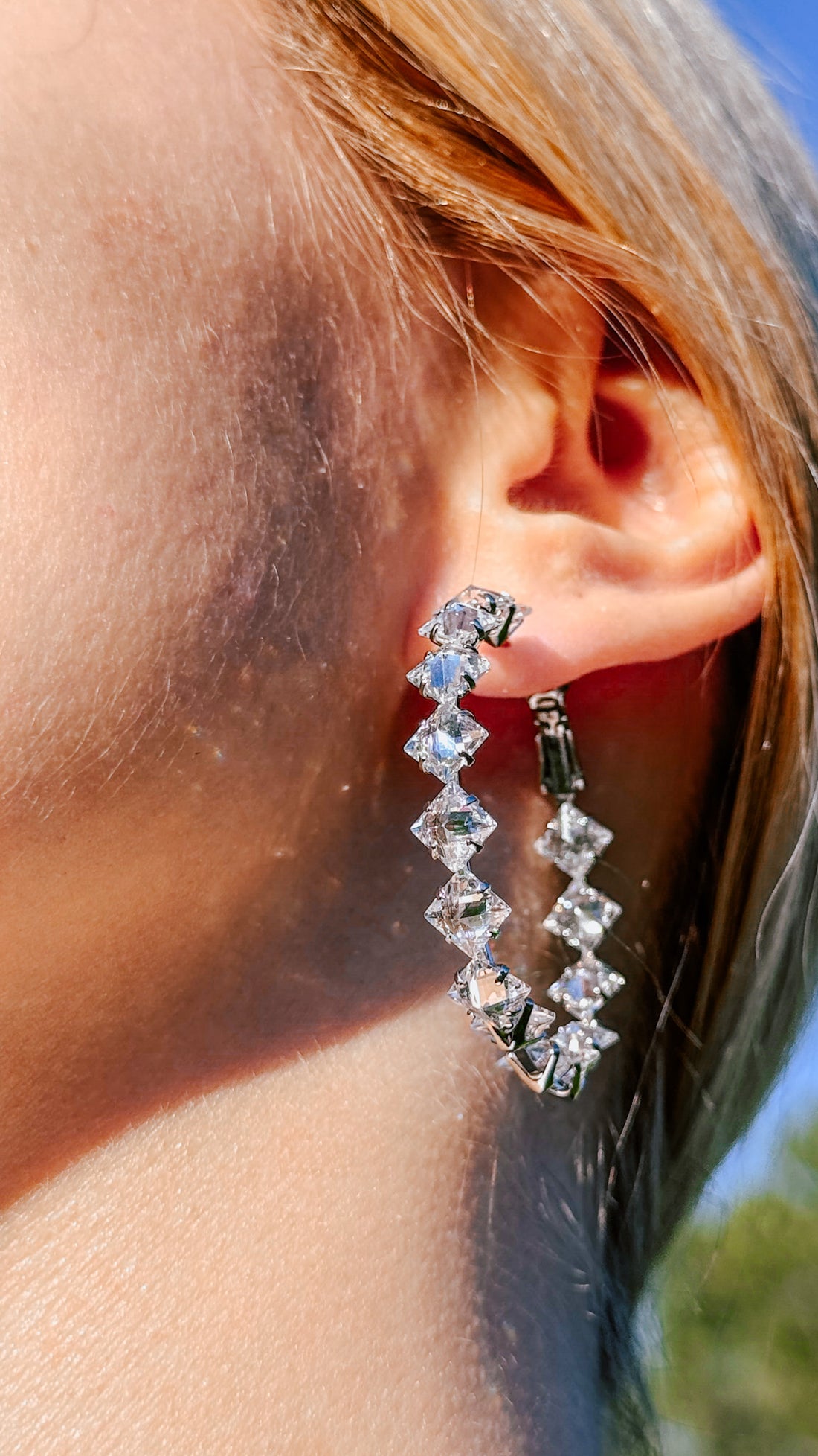 40mm Square Crystal Hoop Earrings – Silver CZ Statement Hoops