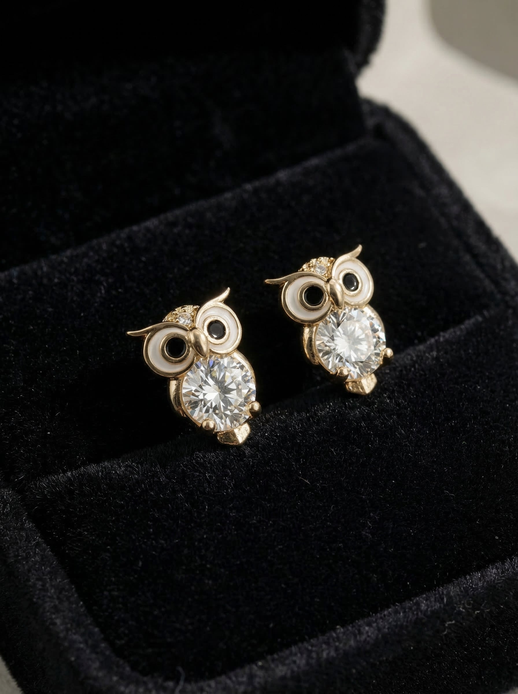 Tiny Gold Owl Earrings | Crystal Studs
