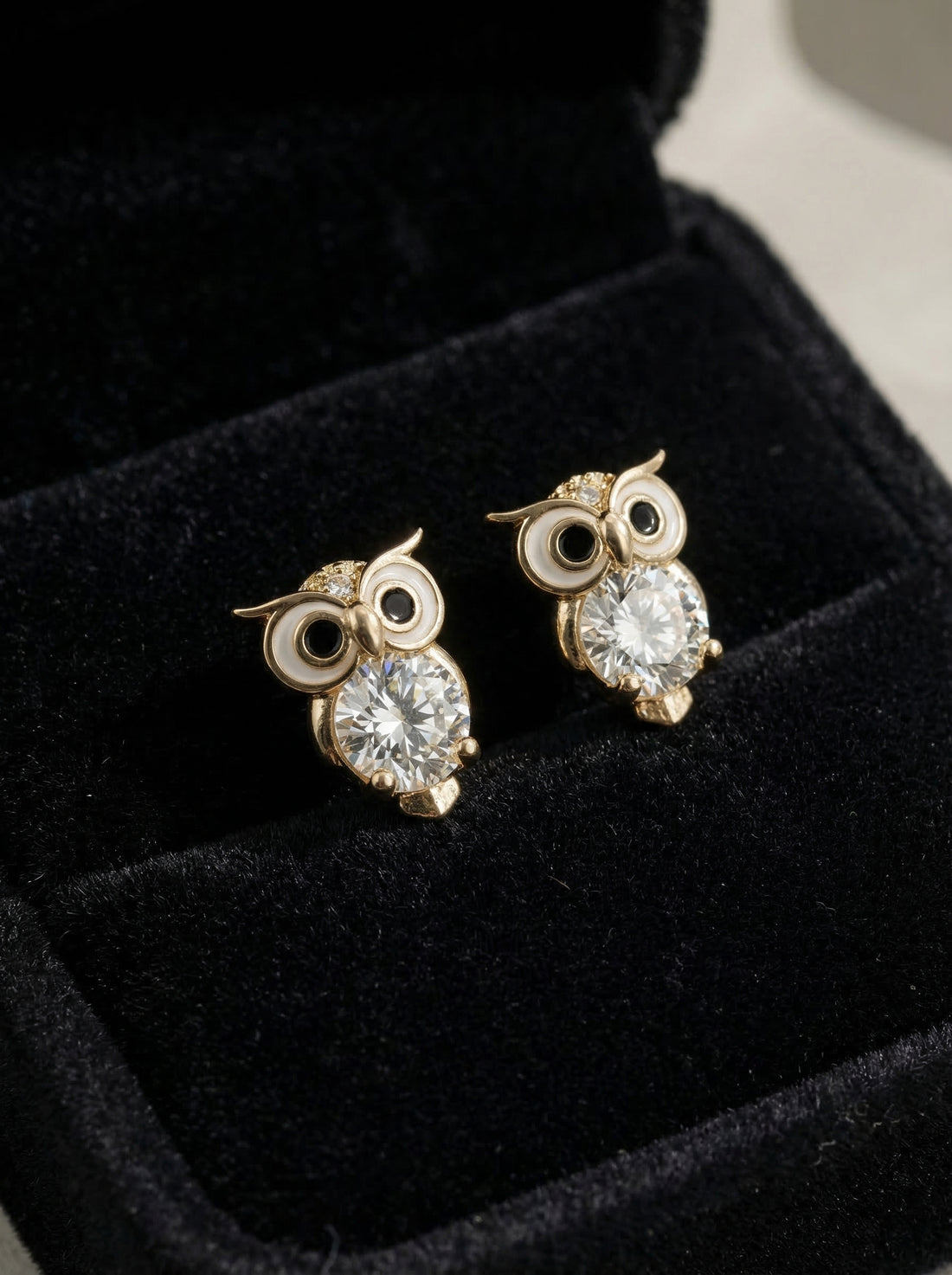 Tiny Gold Owl Earrings | Crystal Studs
