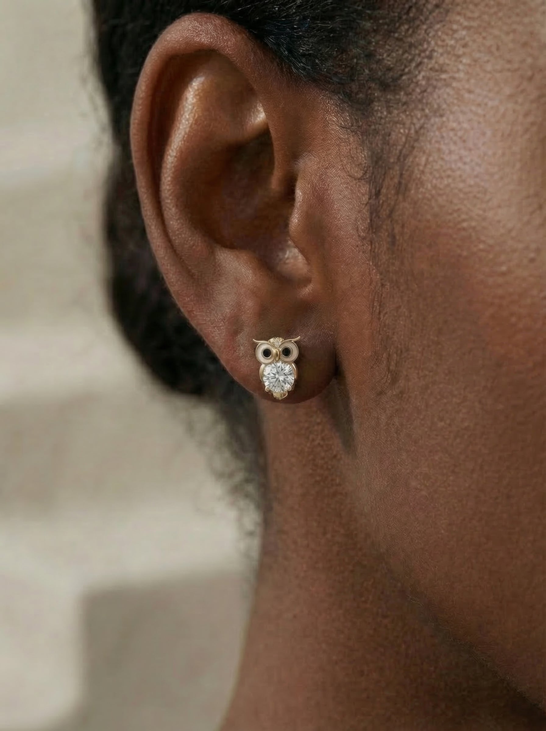 Tiny Gold Owl Earrings | Crystal Studs