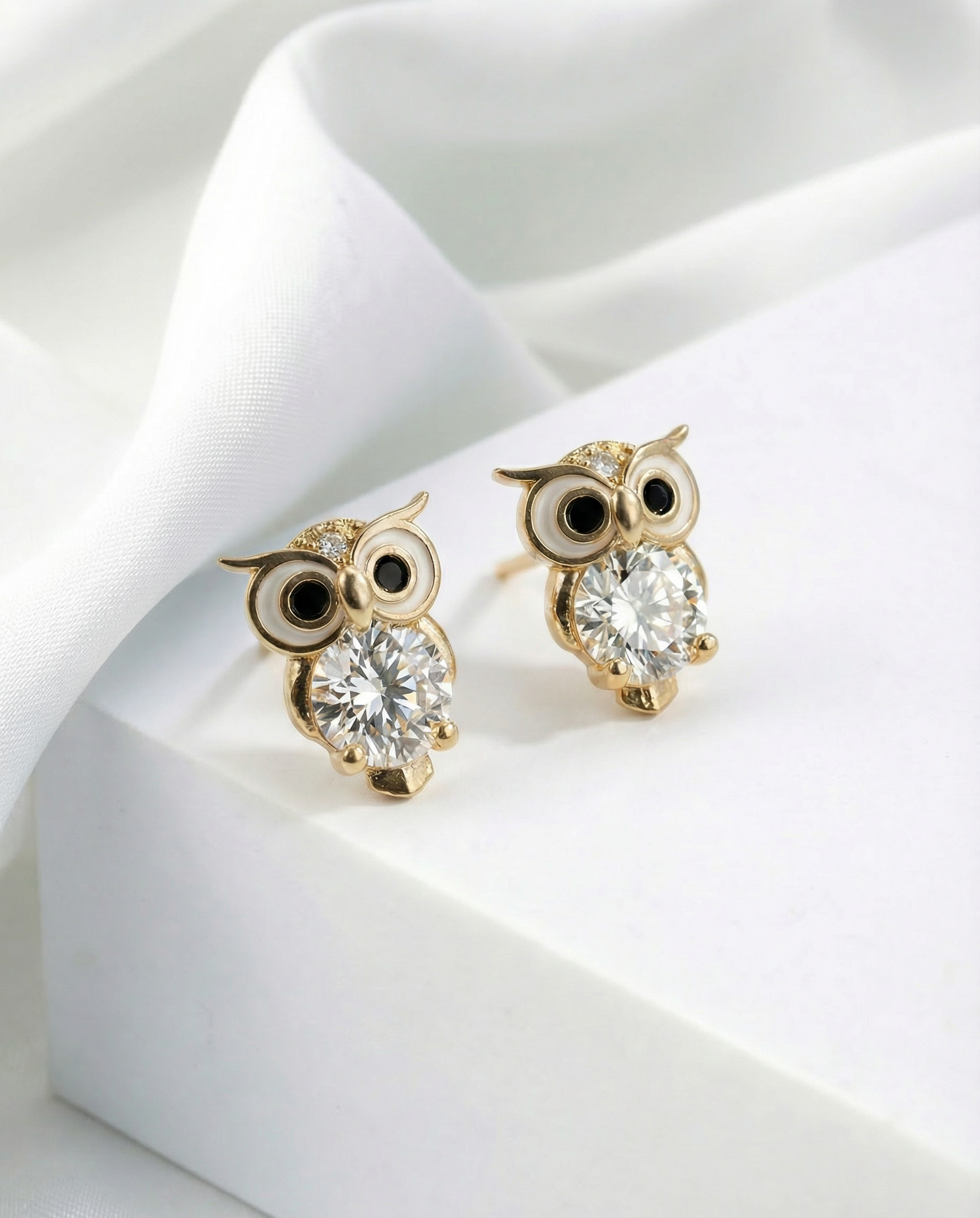 Tiny Gold Owl Earrings | Crystal Studs