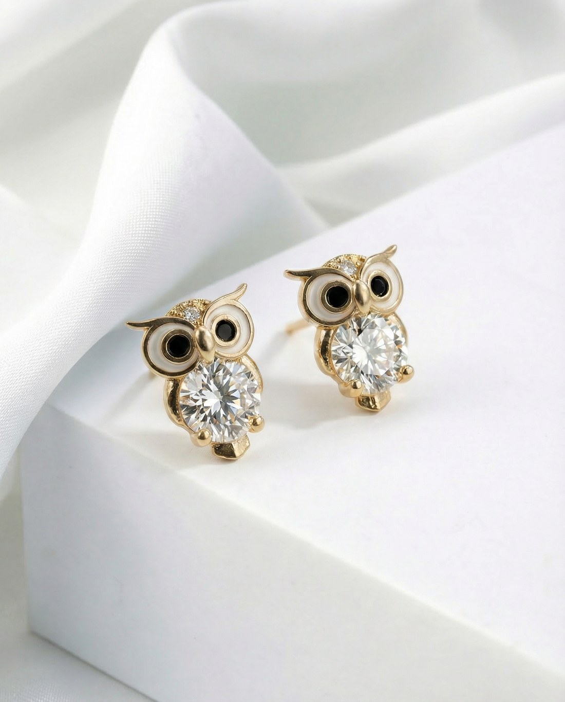 Tiny Gold Owl Earrings | Crystal Studs