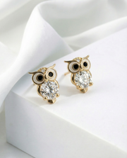 Tiny Gold Owl Earrings | Crystal Studs