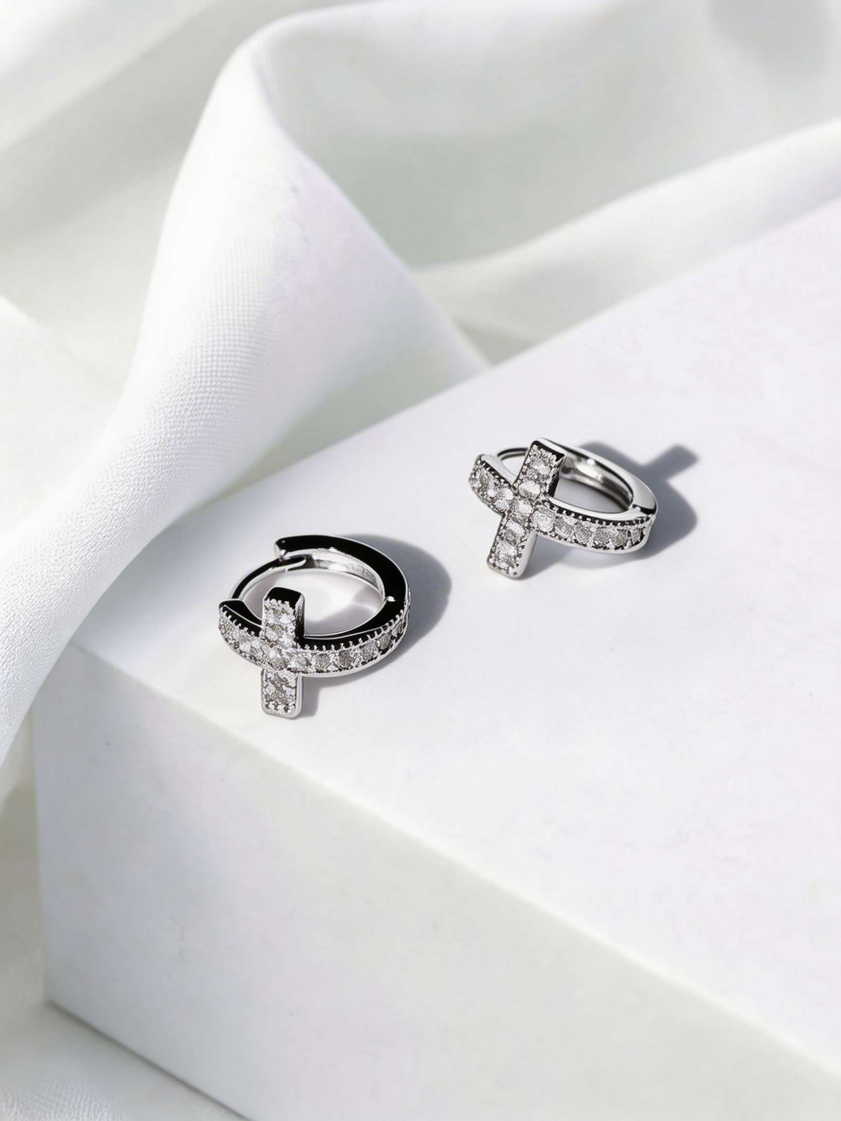 Silver cross hoop earrings with cubic zirconia 14mm.