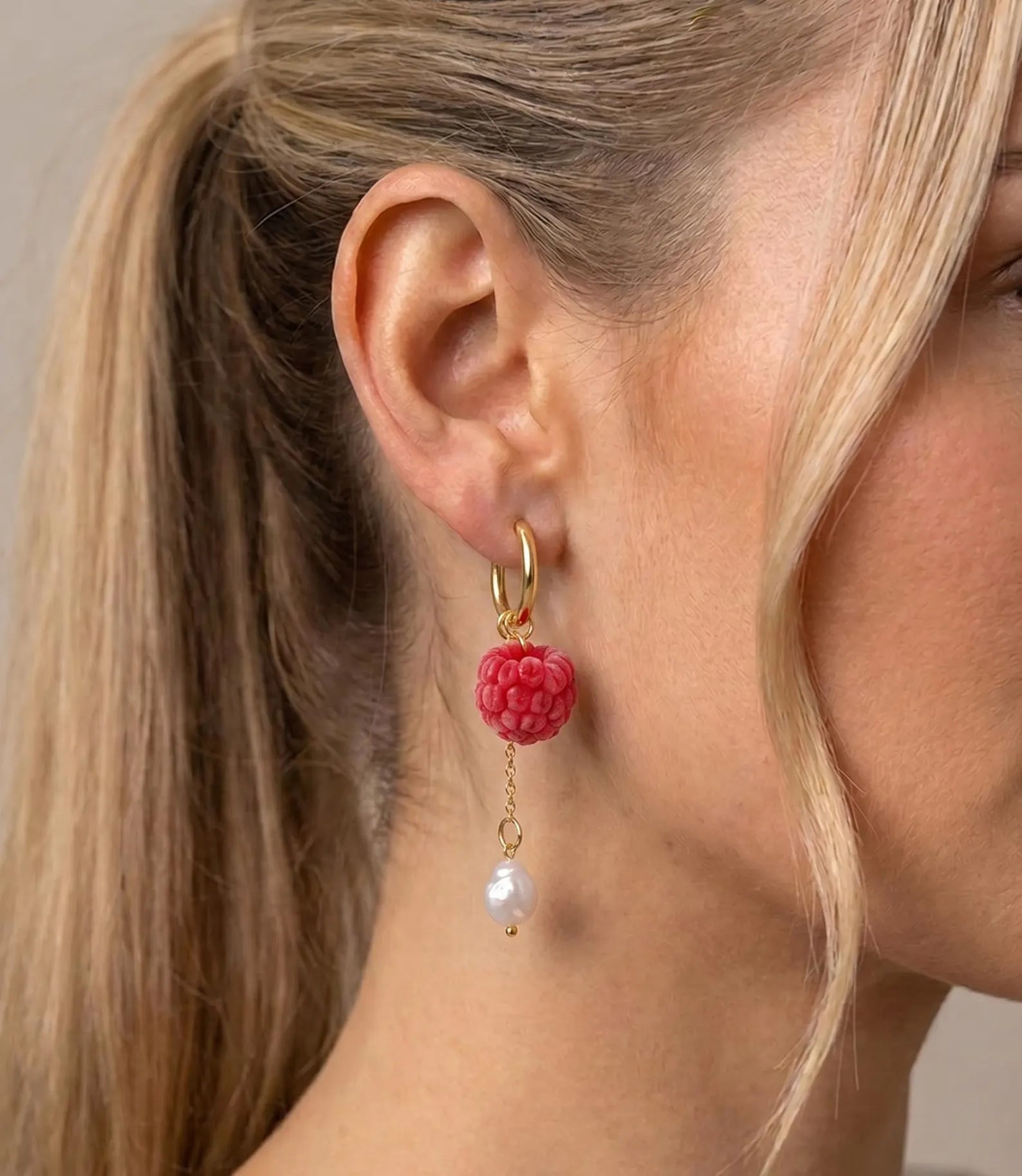 Handmade Raspberry Earrings with Freshwater Pearls