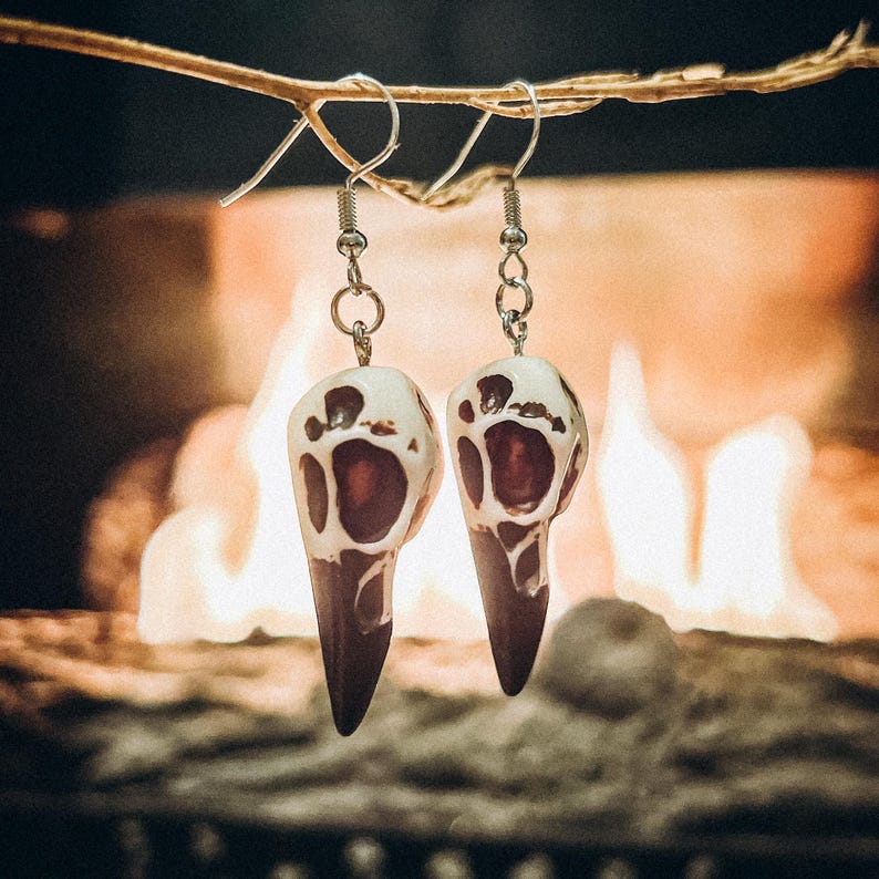 Gothic Bird Skull Dangle Earrings — product view 2