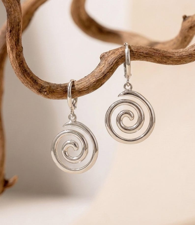 Silver Spiral Dangle Hoop Earrings — product view 3
