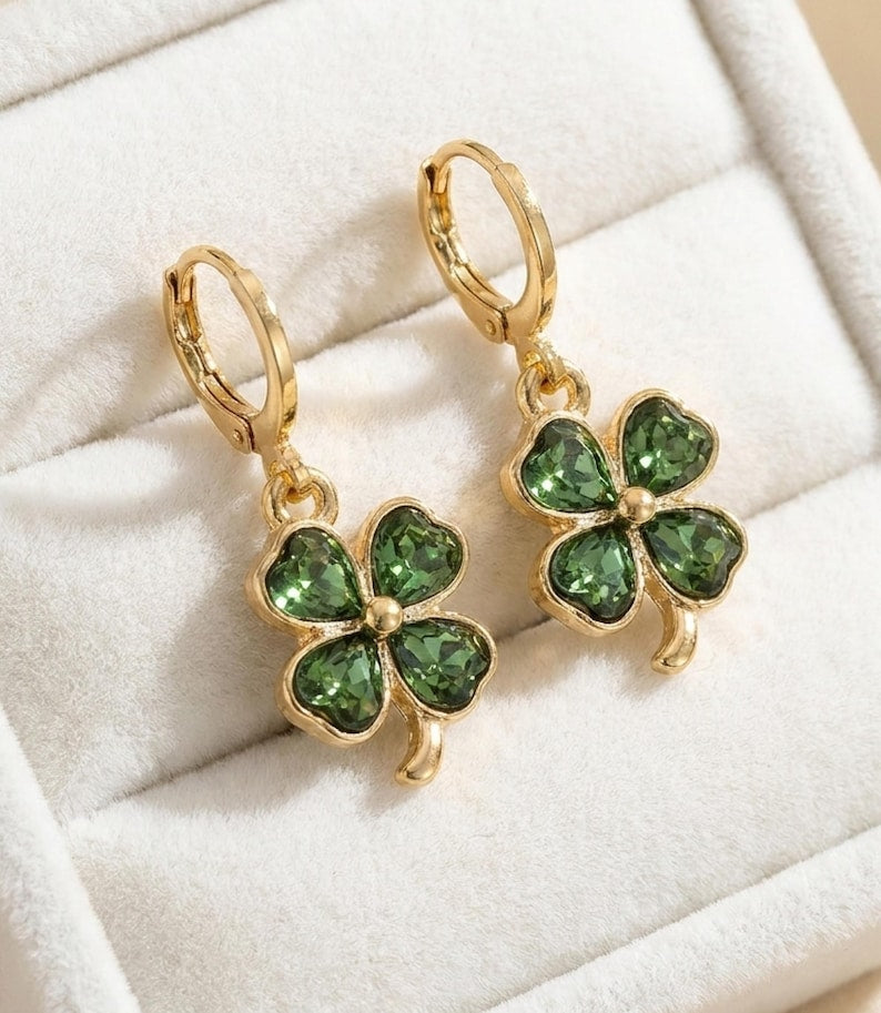 Green Crystal Four Leaf Clover Earrings — product view 2