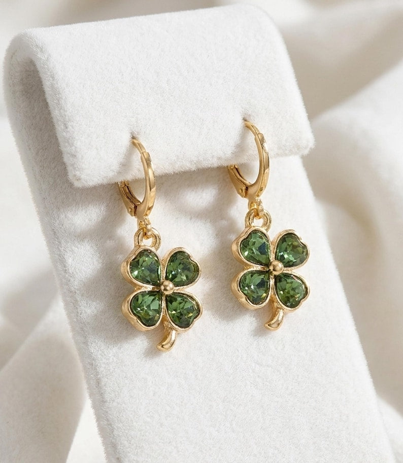 Green Crystal Four Leaf Clover Earrings — product view 4