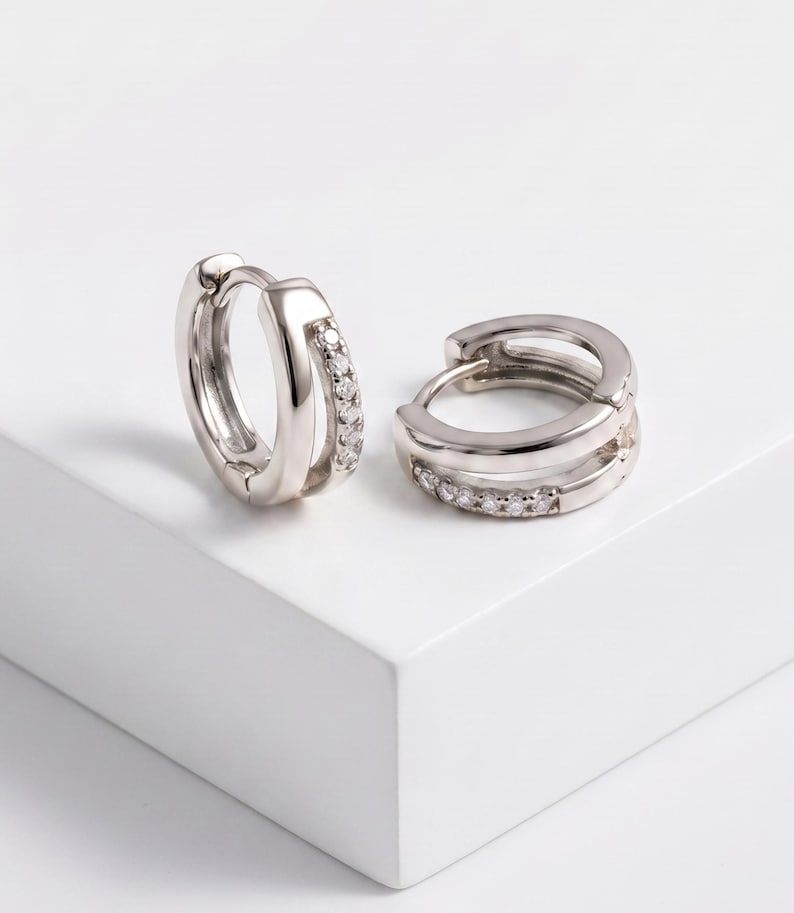 Pavé Double Hoop Huggie Earrings — product view 4