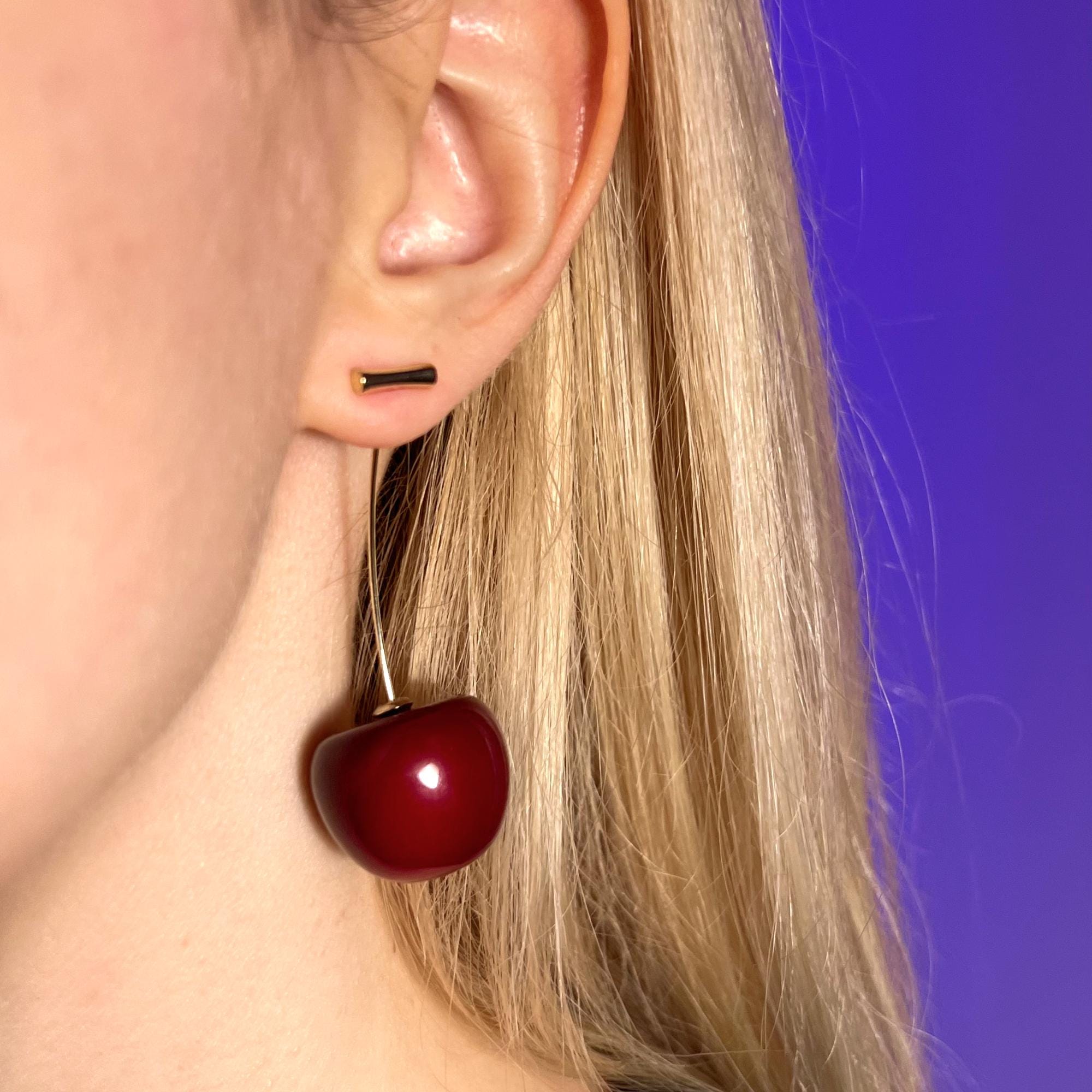 Resin Red Cherry Earrings, Resin Jewelry, Cherry Earring, food earrings, dangle drop gold earrings, anniversary gift, christmas gift for her