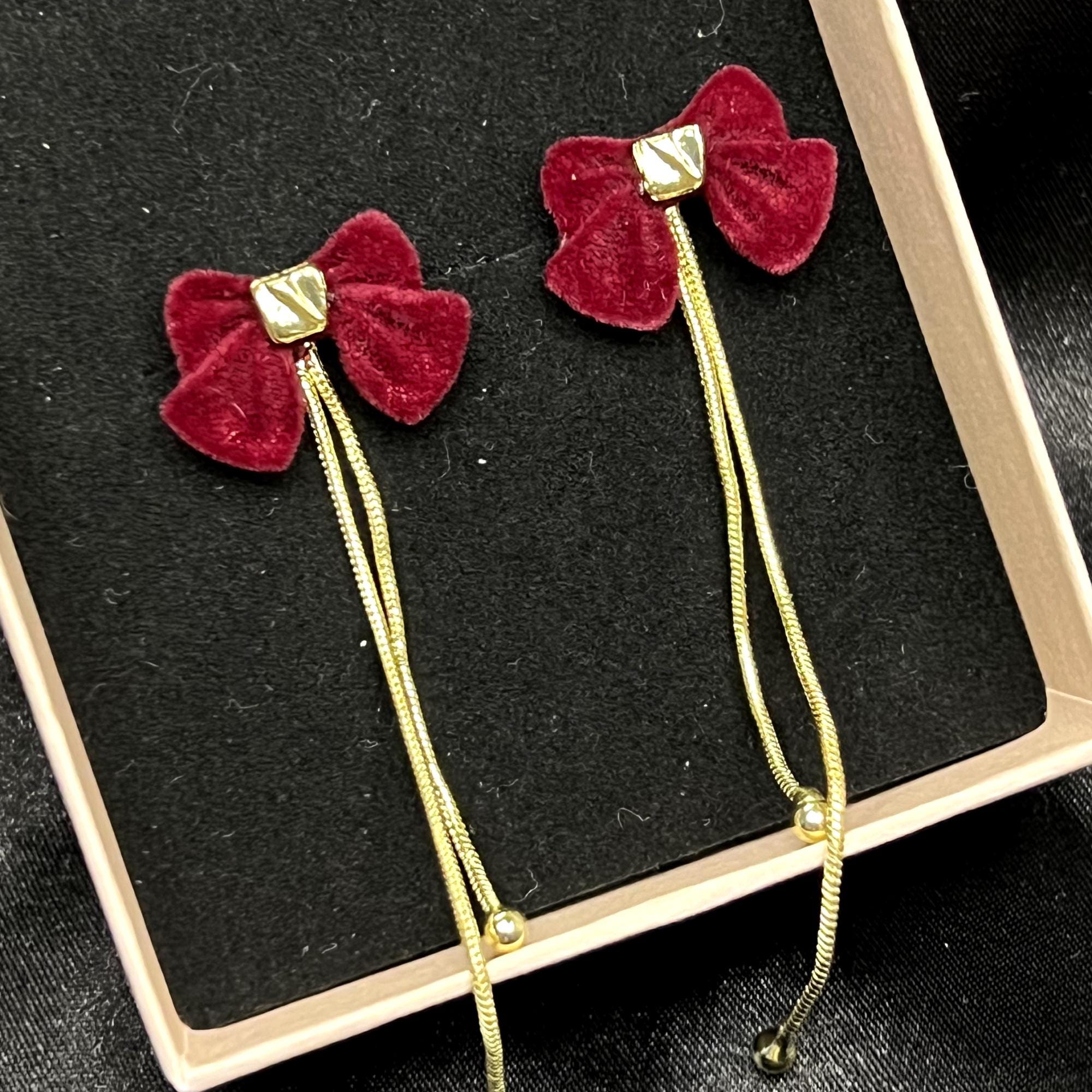 red earrings, coquette bow earrings, christmas earrings, velvet earrings, dangle drop earrings, anniversary gift, christmas gift for her