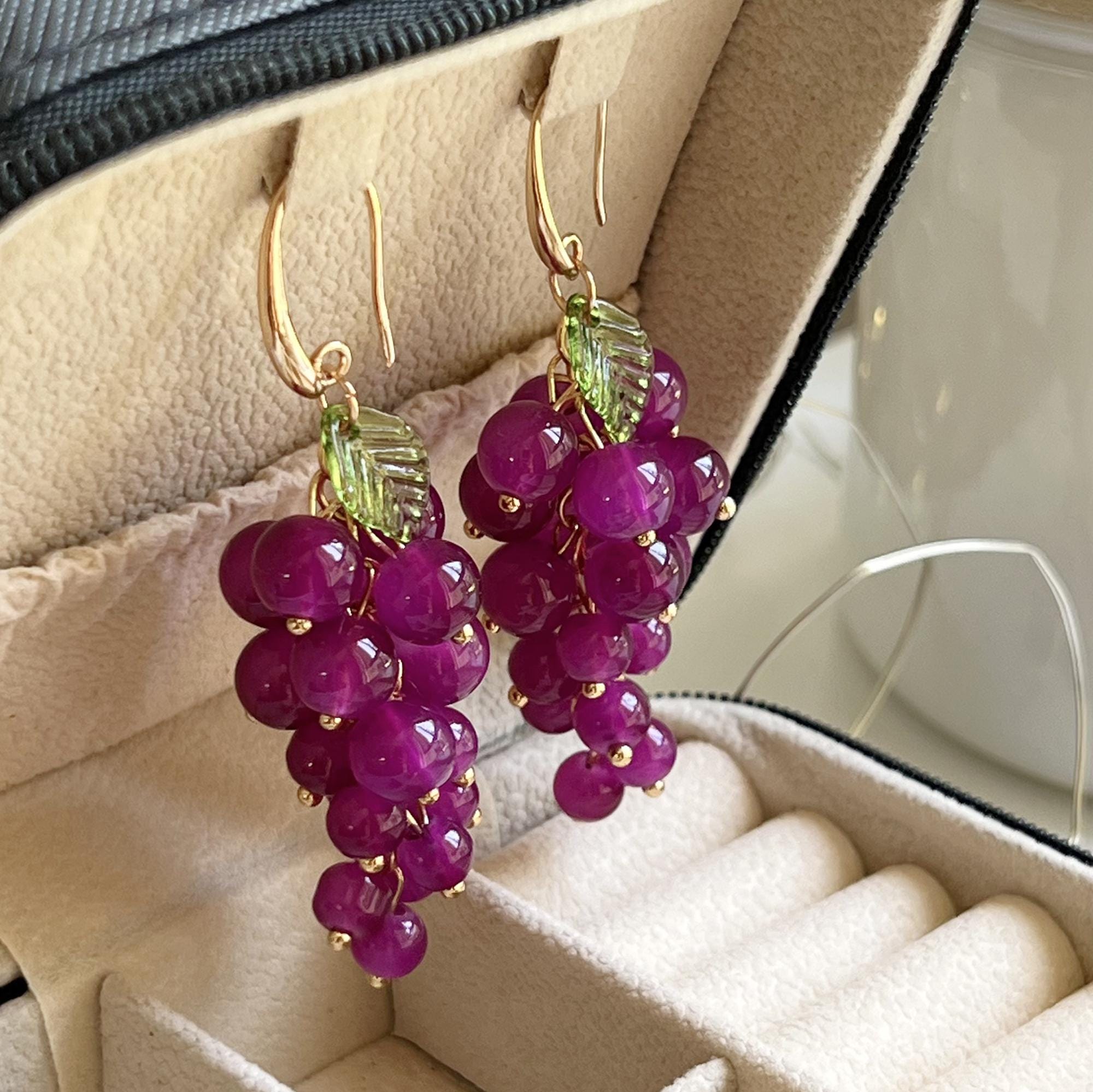 Purple Dangle Grape Earrings, Food Fruit Earrings, Unique Summer Resin Jewelry, Dangle Purple Earrings, Anniversary Gift, Statement Earrings