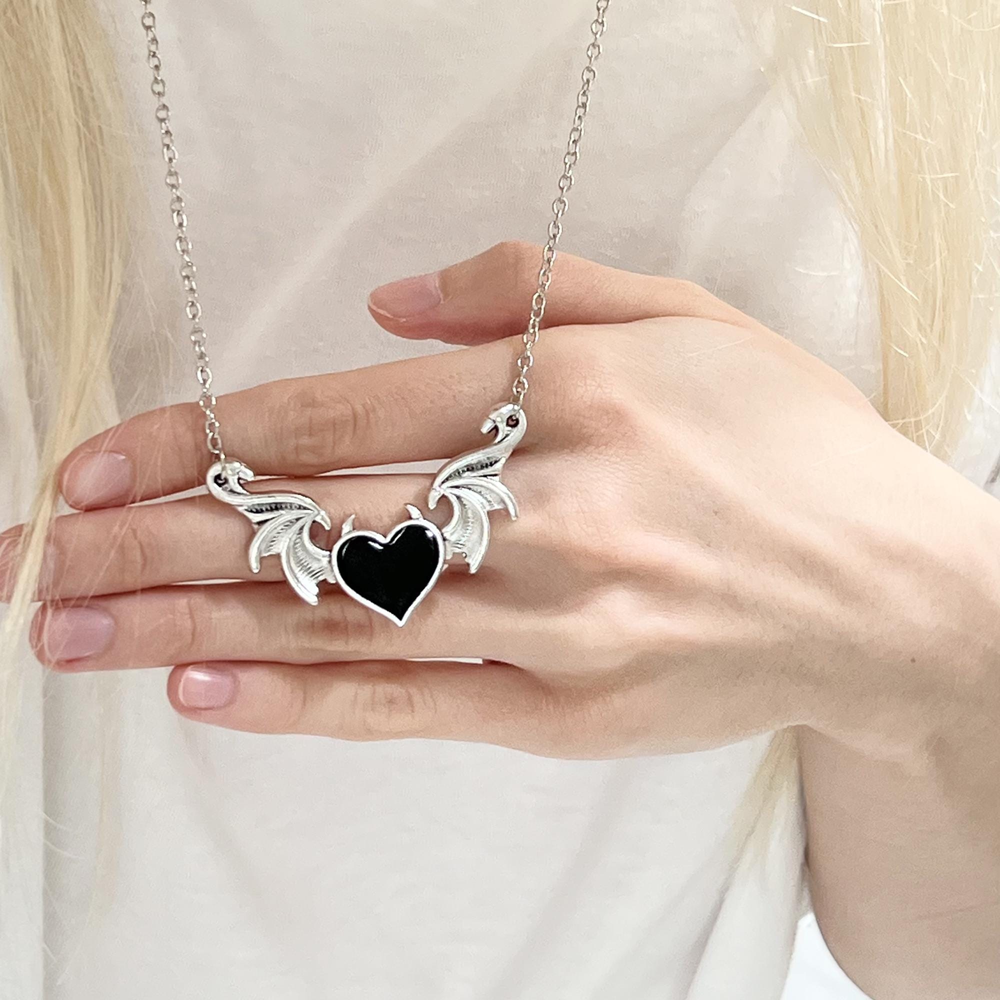 Gothic Black Necklace, Black Heart Necklace, Bat Gothic Necklace, Goth Jewelry, Goth Halloween Jewelry, Punk Bat Jewelry, Witchy Necklace