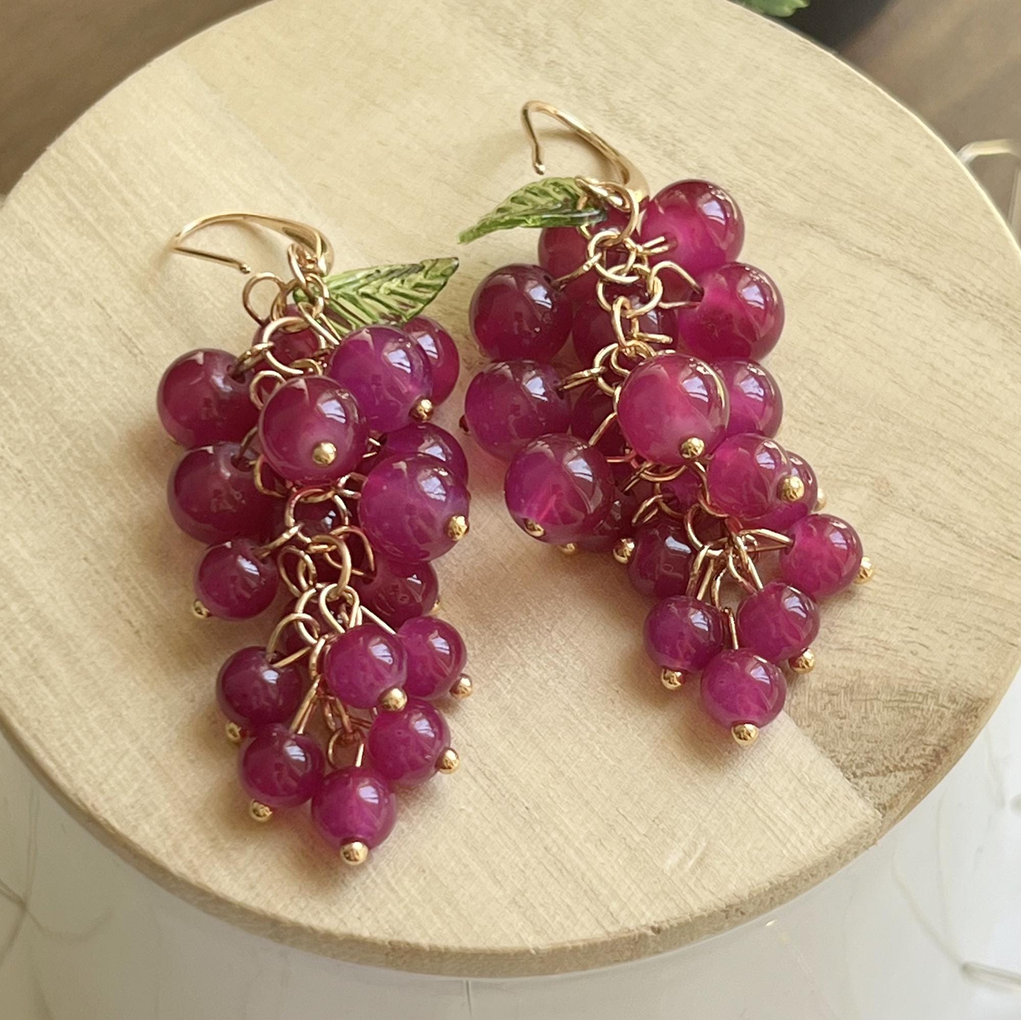 Purple Dangle Grape Earrings, Food Fruit Earrings, Unique Summer Resin Jewelry, Dangle Purple Earrings, Anniversary Gift, Statement Earrings