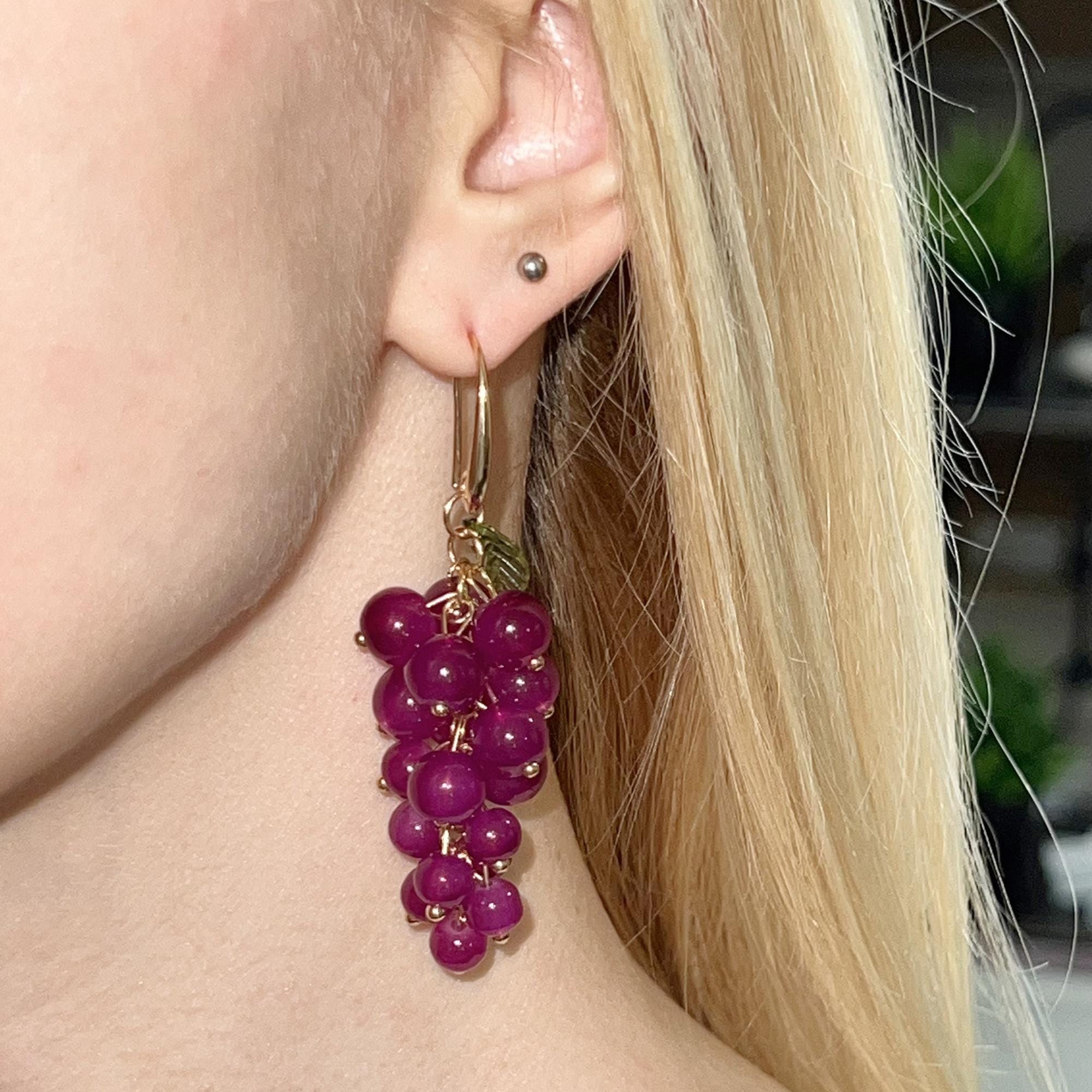 Purple Dangle Grape Earrings, Food Fruit Earrings, Unique Summer Resin Jewelry, Dangle Purple Earrings, Anniversary Gift, Statement Earrings