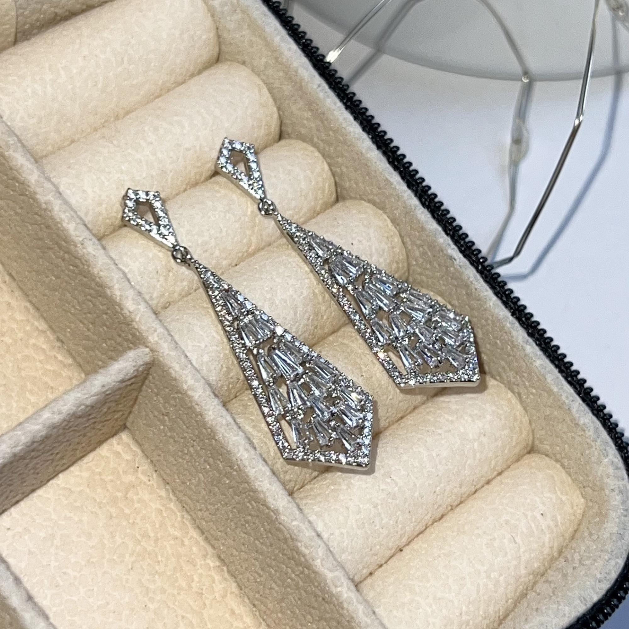 Art Deco Earrings, Vintage Earrings, Zirconia Diamond Drop Earrings, Geometric Crystal Dangles Drops, Long Dangle Earrings