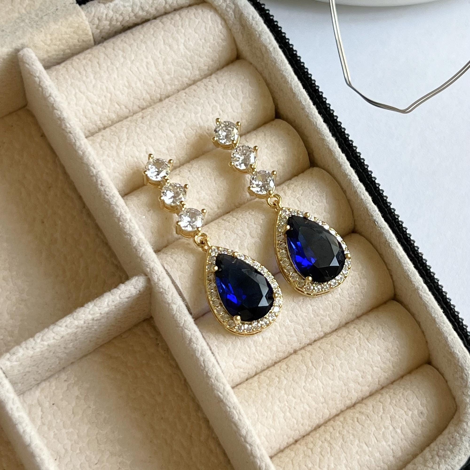 Blue Sapphire Earrings Bridal Crystal Drop Earrings Wedding Jewelry Teardrop Cubic Zirconia Earrings Gold Bridesmaid Gift Anniversary Gift
