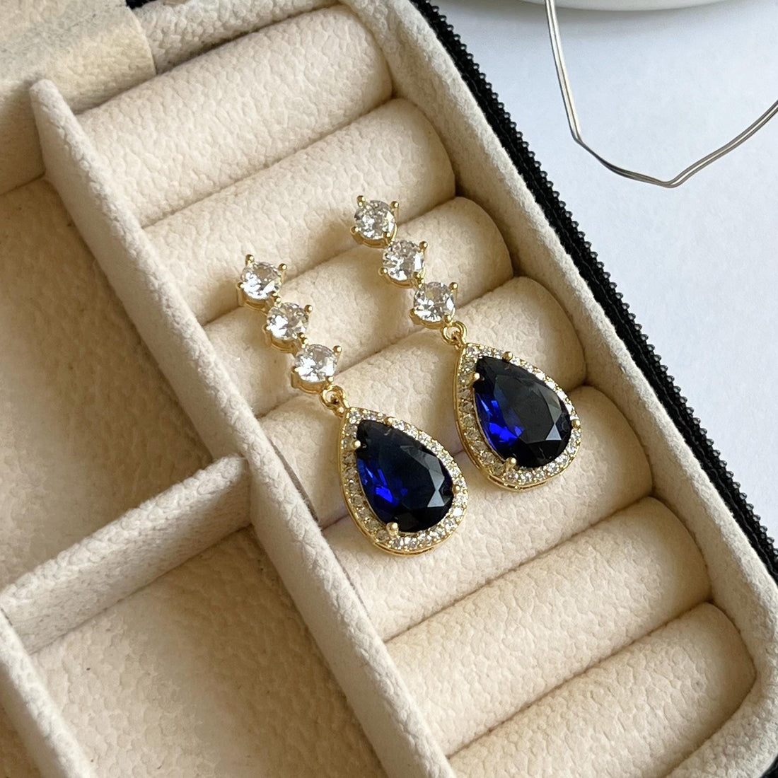 Blue Sapphire Earrings Bridal Crystal Drop Earrings Wedding Jewelry Teardrop Cubic Zirconia Earrings Gold Bridesmaid Gift Anniversary Gift