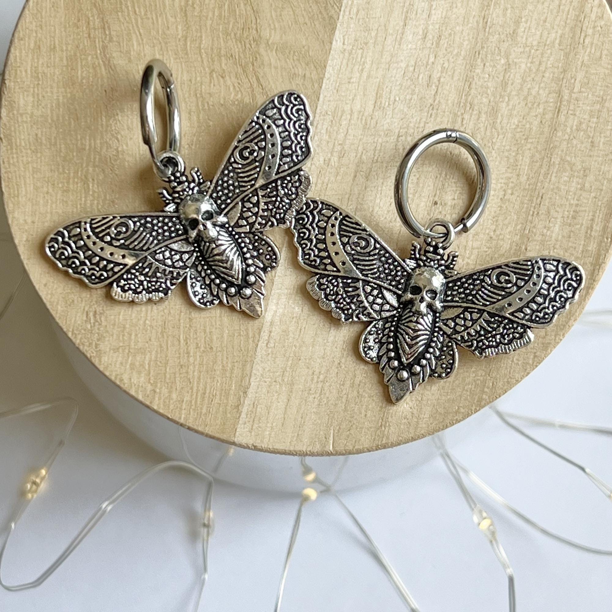 Silver Death's Head Moth Earrings Dangle Gothic Hoop Earrings Skull Insect Earrings Witchy Jewelry Halloween Earrings Skull Earrings