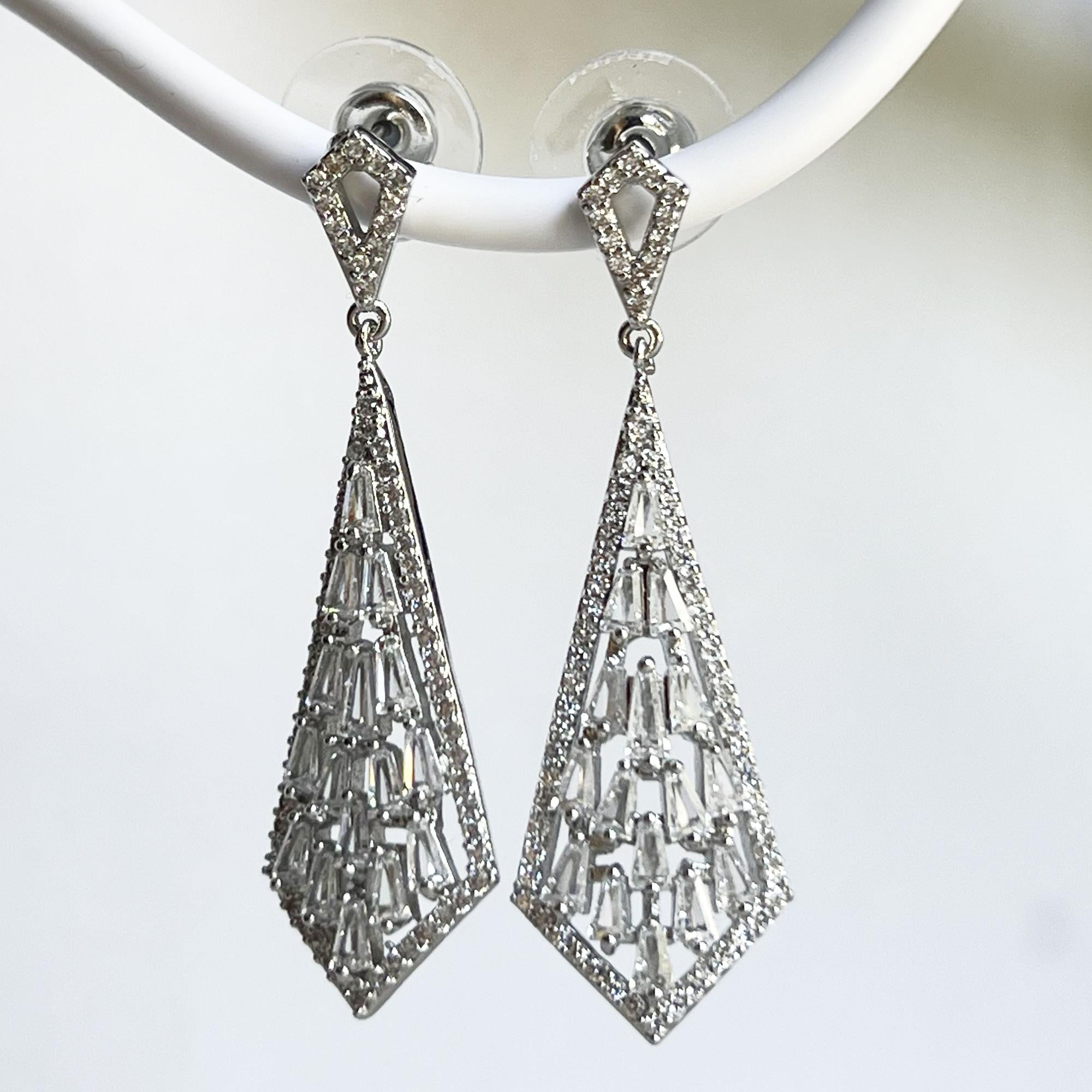 Art Deco Earrings, Vintage Earrings, Zirconia Diamond Drop Earrings, Geometric Crystal Dangles Drops, Long Dangle Earrings