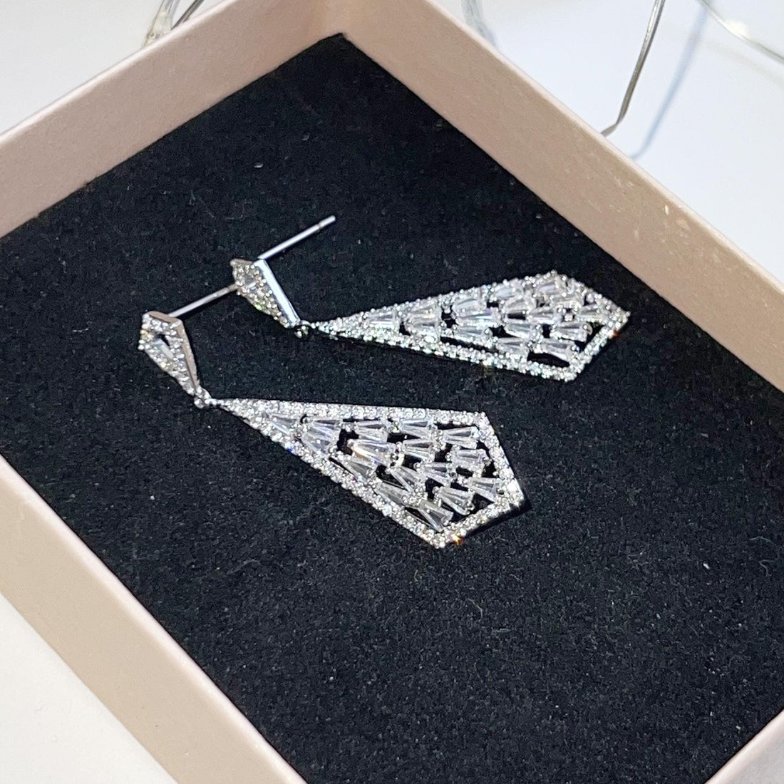 Art Deco Earrings, Vintage Earrings, Zirconia Diamond Drop Earrings, Geometric Crystal Dangles Drops, Long Dangle Earrings