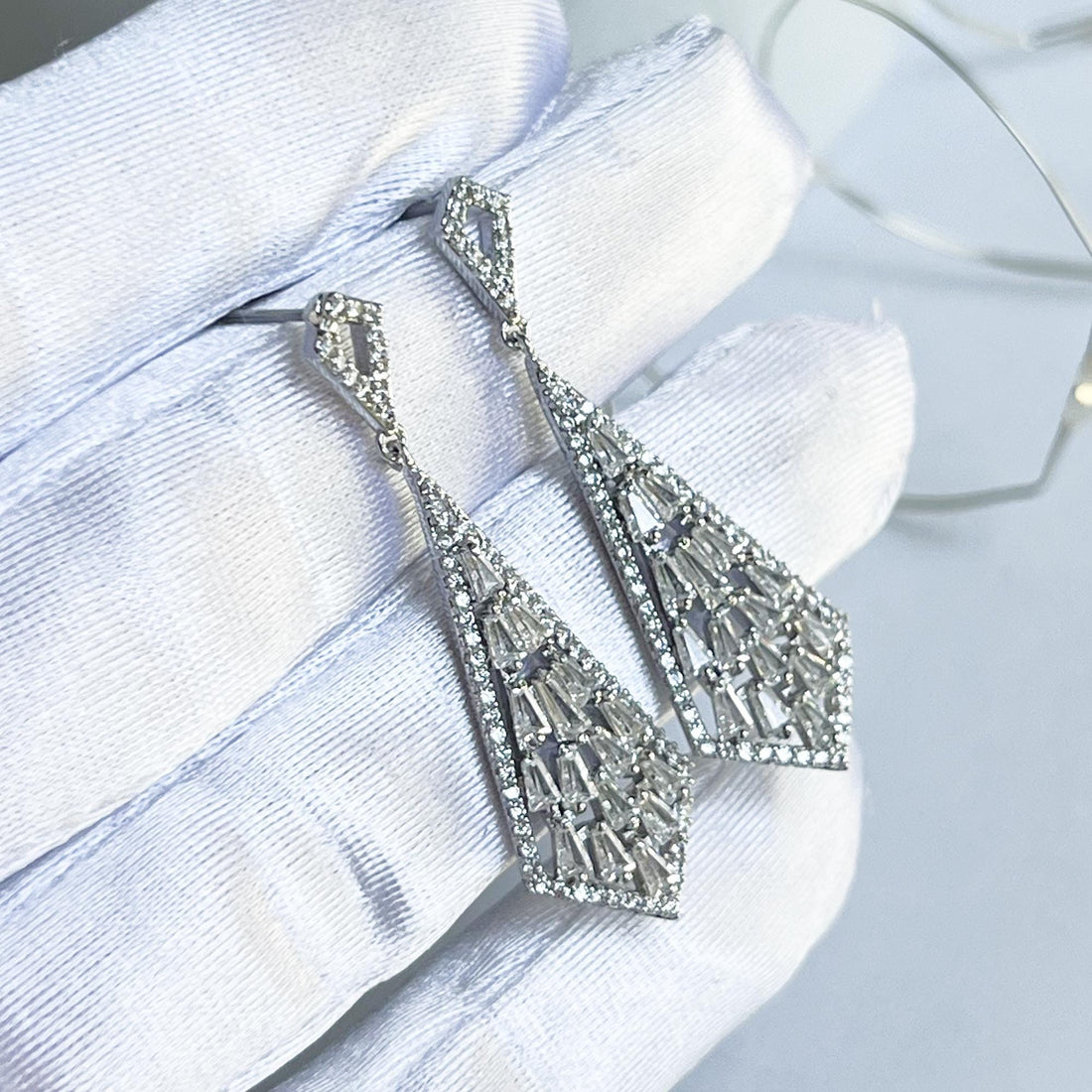 Art Deco Earrings, Vintage Earrings, Zirconia Diamond Drop Earrings, Geometric Crystal Dangles Drops, Long Dangle Earrings