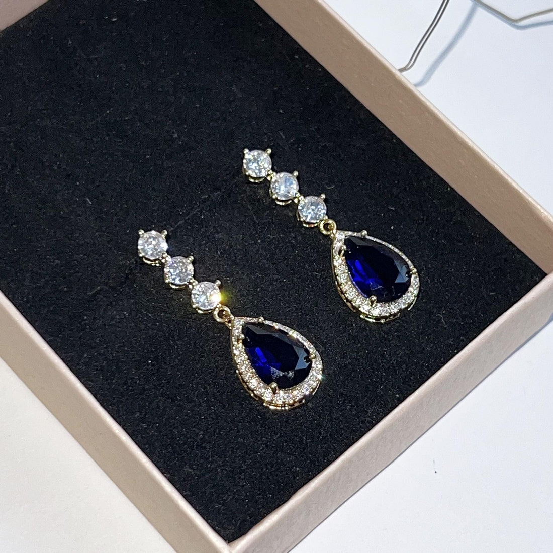 Blue Sapphire Earrings Bridal Crystal Drop Earrings Wedding Jewelry Teardrop Cubic Zirconia Earrings Gold Bridesmaid Gift Anniversary Gift