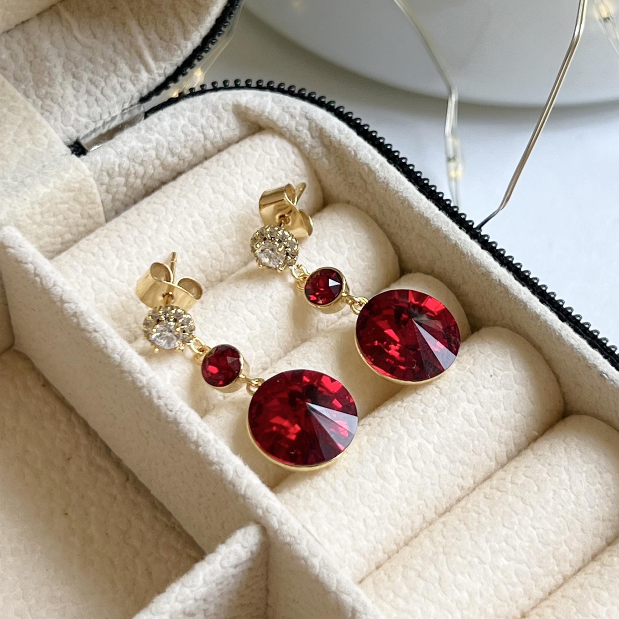 Birthstone Ruby Red Sparkly Earrings Gift For Mom Red Dangle Earrings Birthday Gift Anniversary Gift For Her Christmas Gift Crystal Earrings