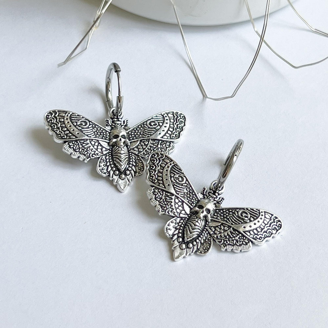 Silver Death's Head Moth Earrings Dangle Gothic Hoop Earrings Skull Insect Earrings Witchy Jewelry Halloween Earrings Skull Earrings