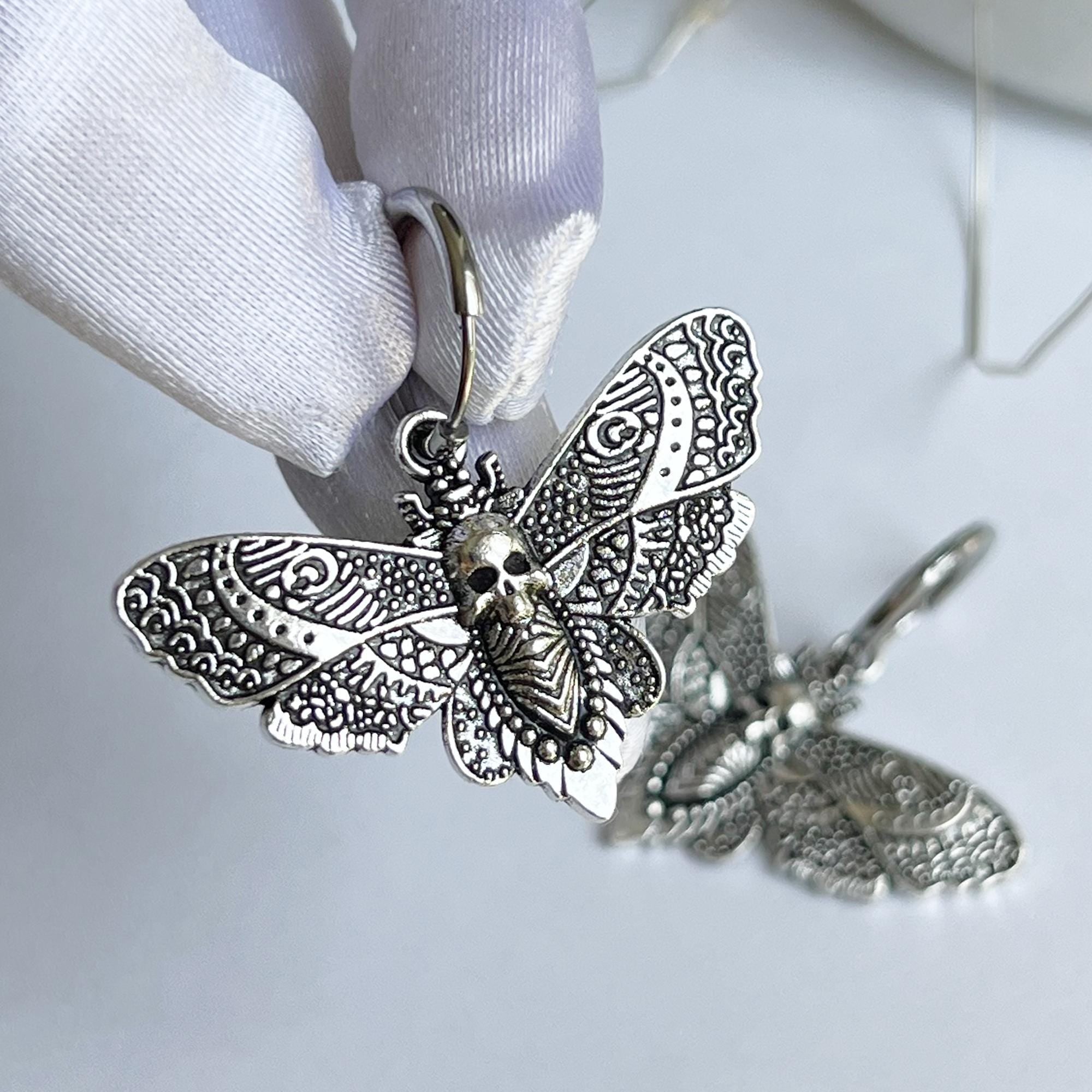 Silver Death's Head Moth Earrings Dangle Gothic Hoop Earrings Skull Insect Earrings Witchy Jewelry Halloween Earrings Skull Earrings