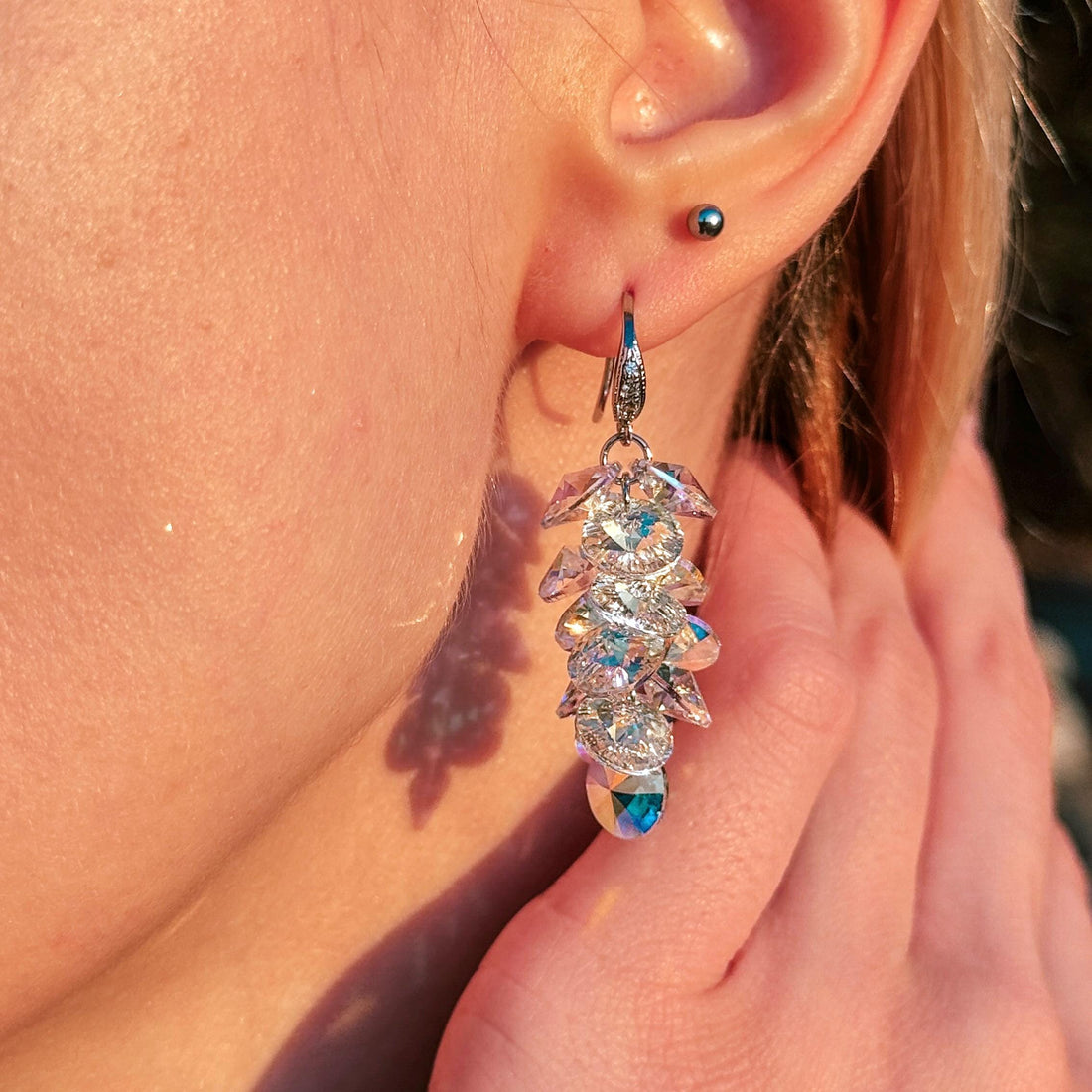Swarovski Crystal Dangle Earrings, Silver Earrings, Rainbow Crystal Earrings, Iridescent Earrings, Sparkle Earrings, Wedding Earrings