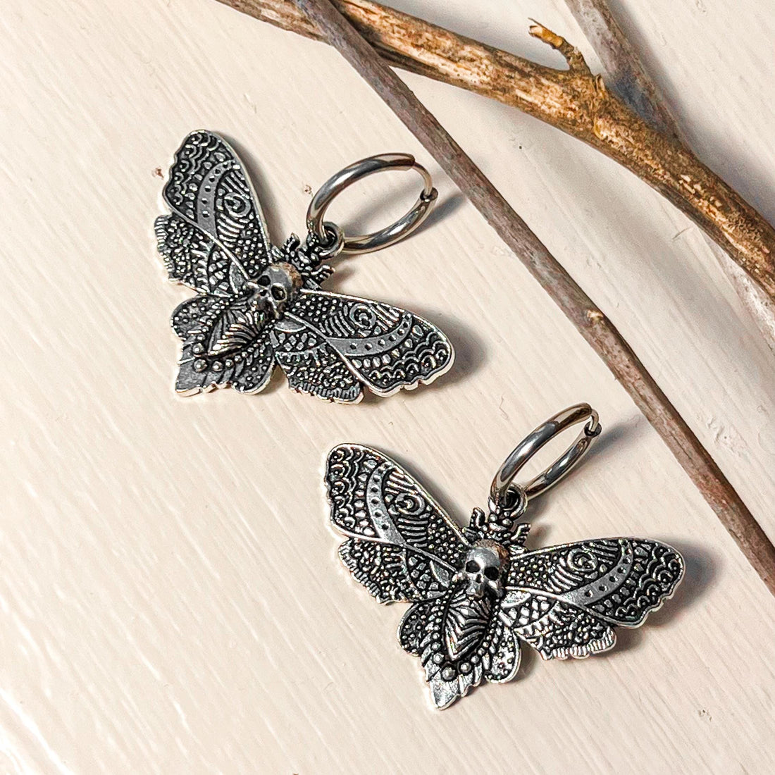 Silver Death's Head Moth Earrings Dangle Gothic Hoop Earrings Skull Insect Earrings Witchy Jewelry Halloween Earrings Skull Earrings