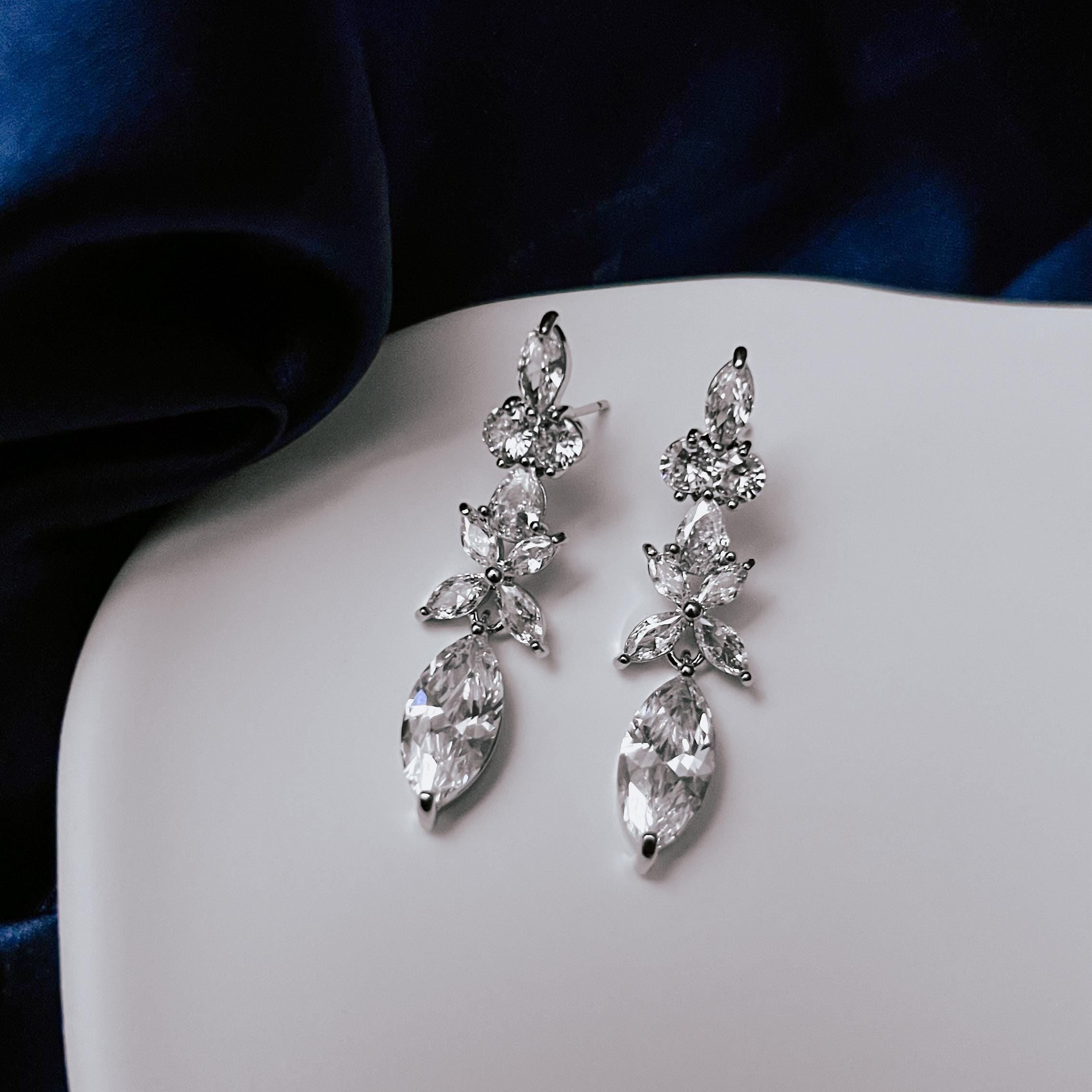 Dangle Diamond Earrings Crystal Drop Earrings Wedding CZ Earrings Floral Bridesmaid Jewelry Wedding Earrings Bridesmaid Gifts Gift for Her