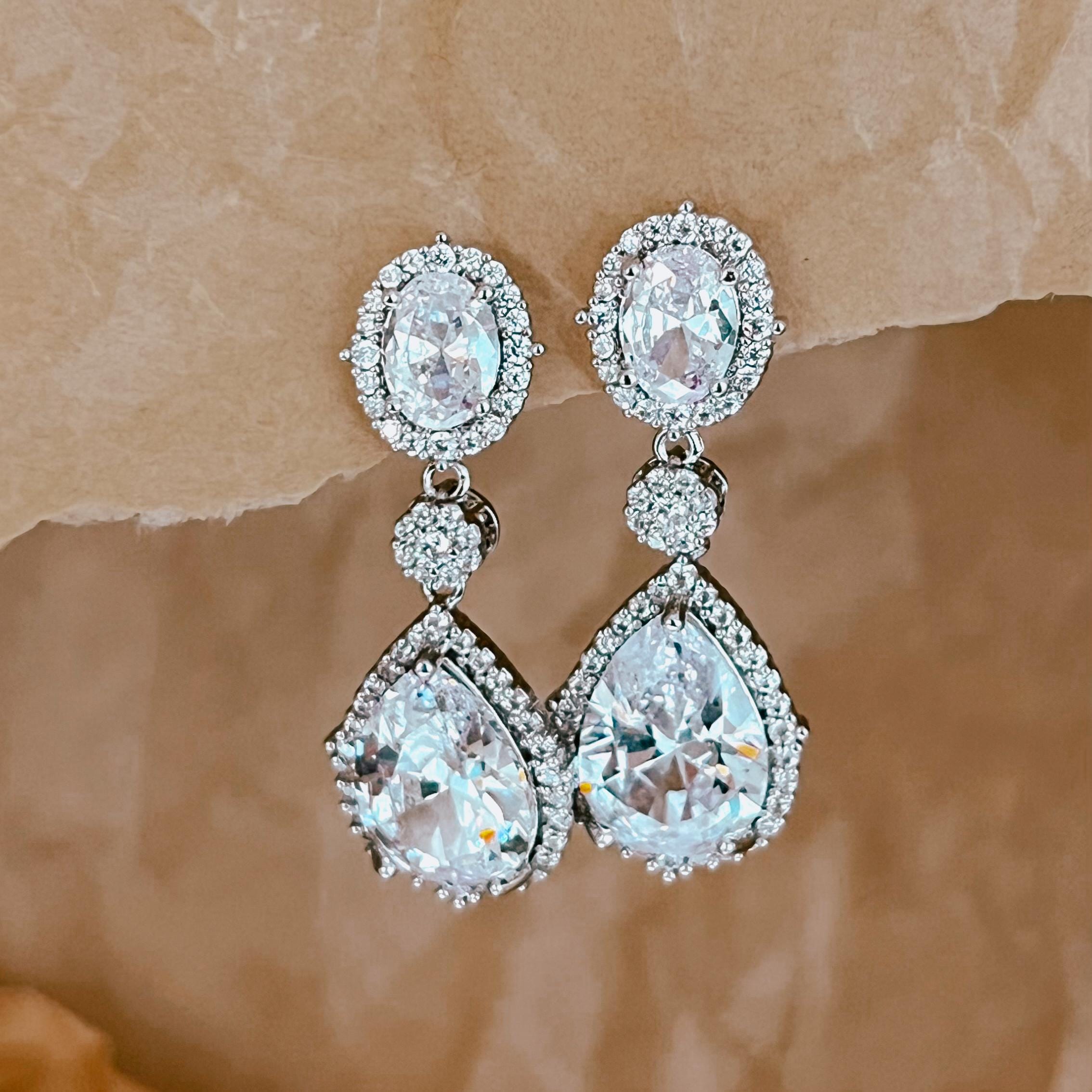 Silver Dangle Diamond Earrings Elegant Bridal Jewelry Minimalist Earrings Bridesmaid Jewelry Gift for Her Crystal Drop Earrings