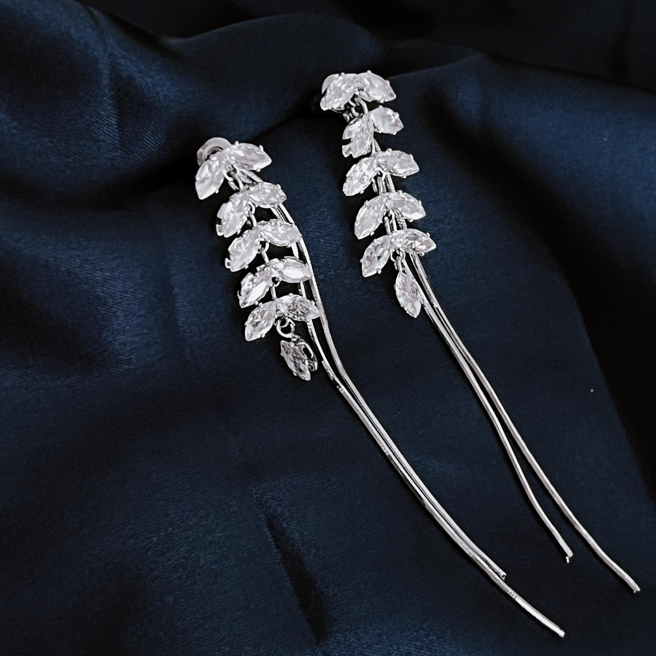 Silver Crystal Leaf Drop Earrings Bridal Dangle Earrings Wedding Jewelry for Bride Silver Bridesmaid Earrings Elegant Gift for Her