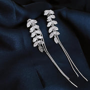 Silver Crystal Leaf Drop Earrings Bridal Dangle Earrings Wedding Jewelry for Bride Silver Bridesmaid Earrings Elegant Gift for Her