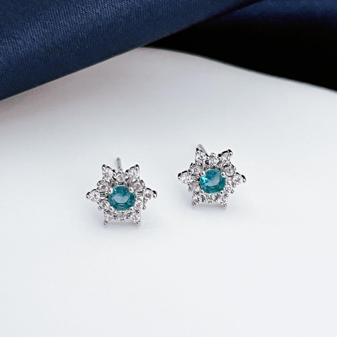 Snowflake Stud Earrings Sterling Silver Blue CZ Crystal Winter Jewelry Blue Christmas Earrings Dainty Silver Studs Elegant Gift for Her