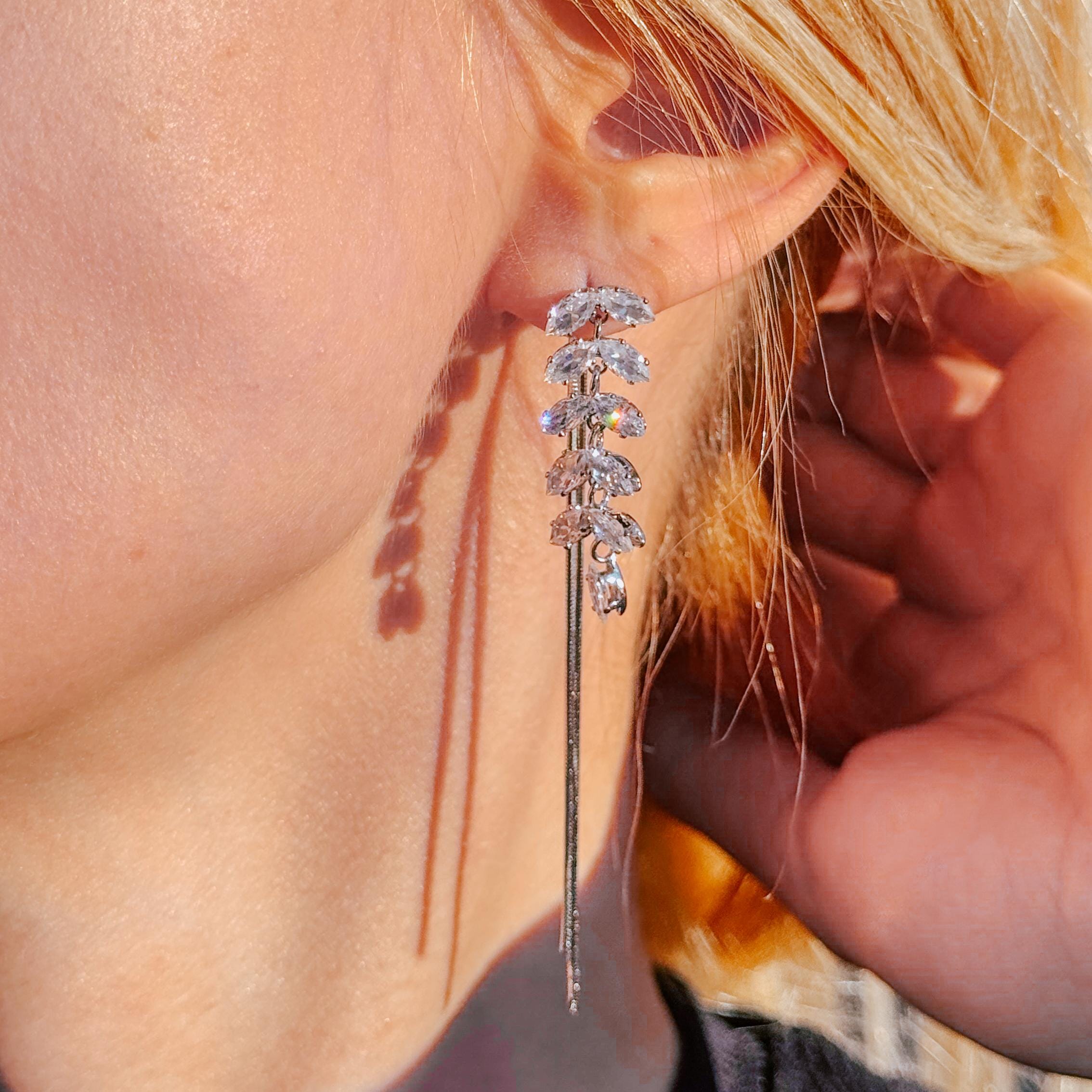 Gold Dangle Earrings Diamond Earrings Long Drop Earrings Elegant Earrings Birthday Gift Anniversary Gift Minimalist Gift for Her