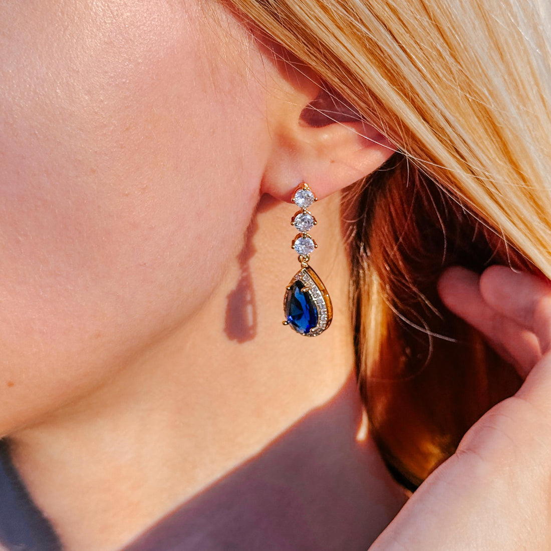 Blue Sapphire Earrings Bridal Crystal Drop Earrings Wedding Jewelry Teardrop Cubic Zirconia Earrings Gold Bridesmaid Gift Anniversary Gift