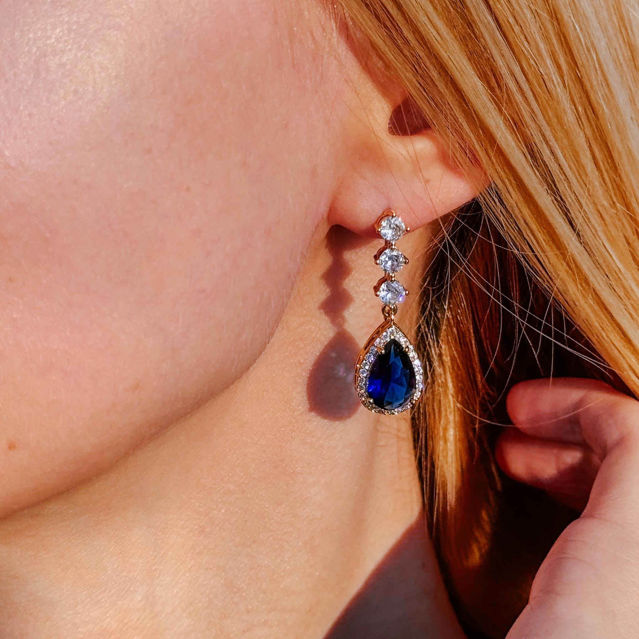 Blue Sapphire Earrings Bridal Crystal Drop Earrings Wedding Jewelry Teardrop Cubic Zirconia Earrings Gold Bridesmaid Gift Anniversary Gift