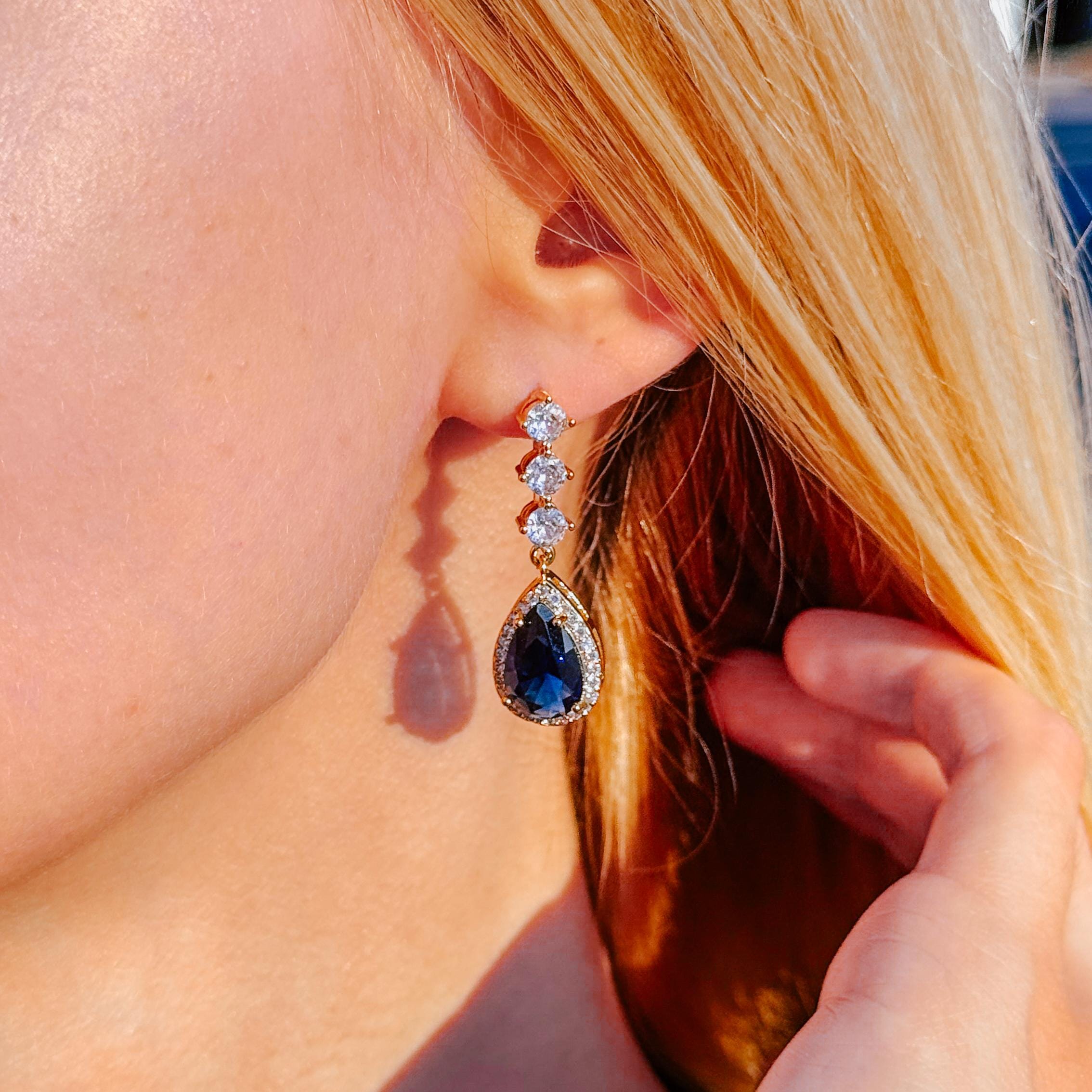 Blue Sapphire Earrings Bridal Crystal Drop Earrings Wedding Jewelry Teardrop Cubic Zirconia Earrings Gold Bridesmaid Gift Anniversary Gift