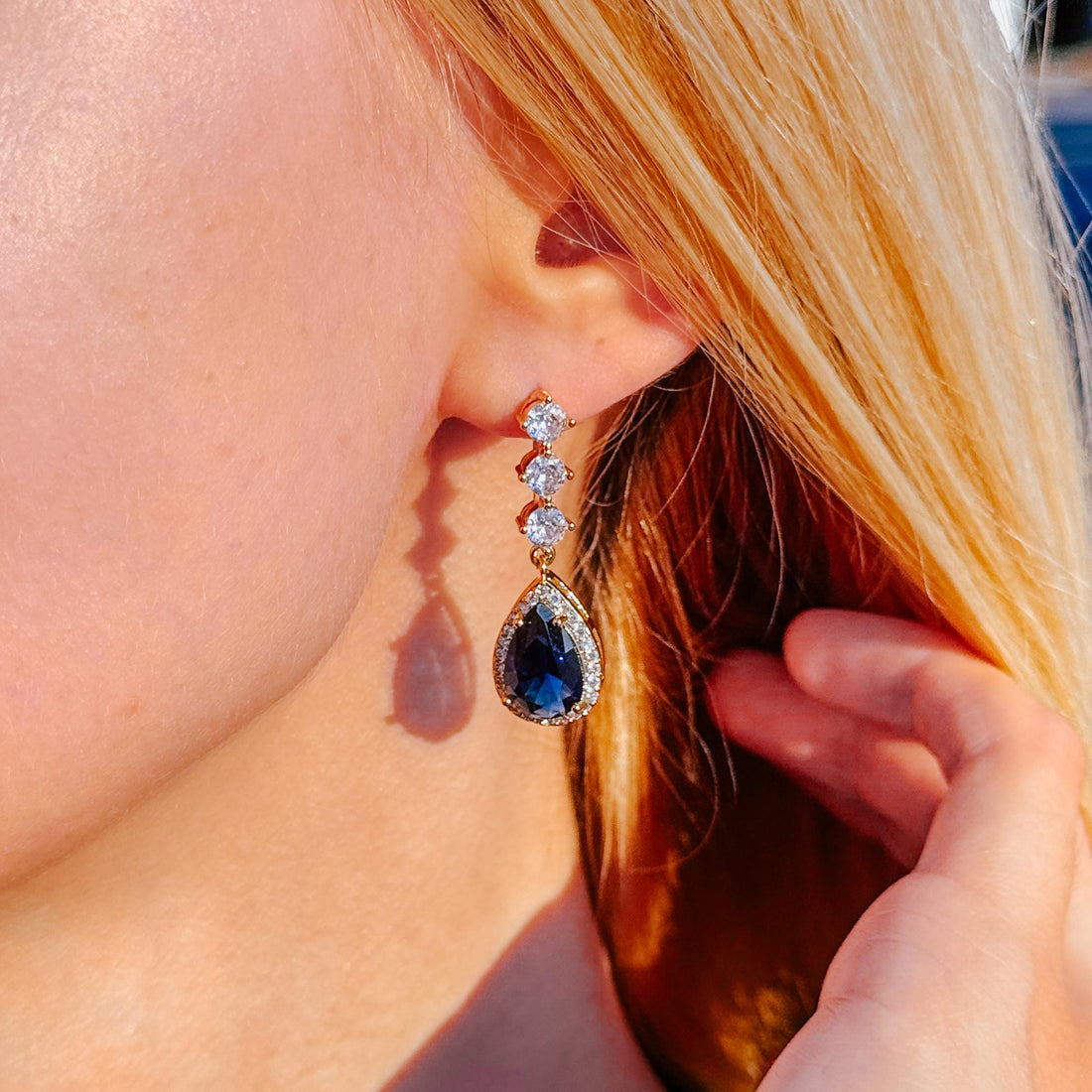 Blue Sapphire Earrings Bridal Crystal Drop Earrings Wedding Jewelry Teardrop Cubic Zirconia Earrings Gold Bridesmaid Gift Anniversary Gift
