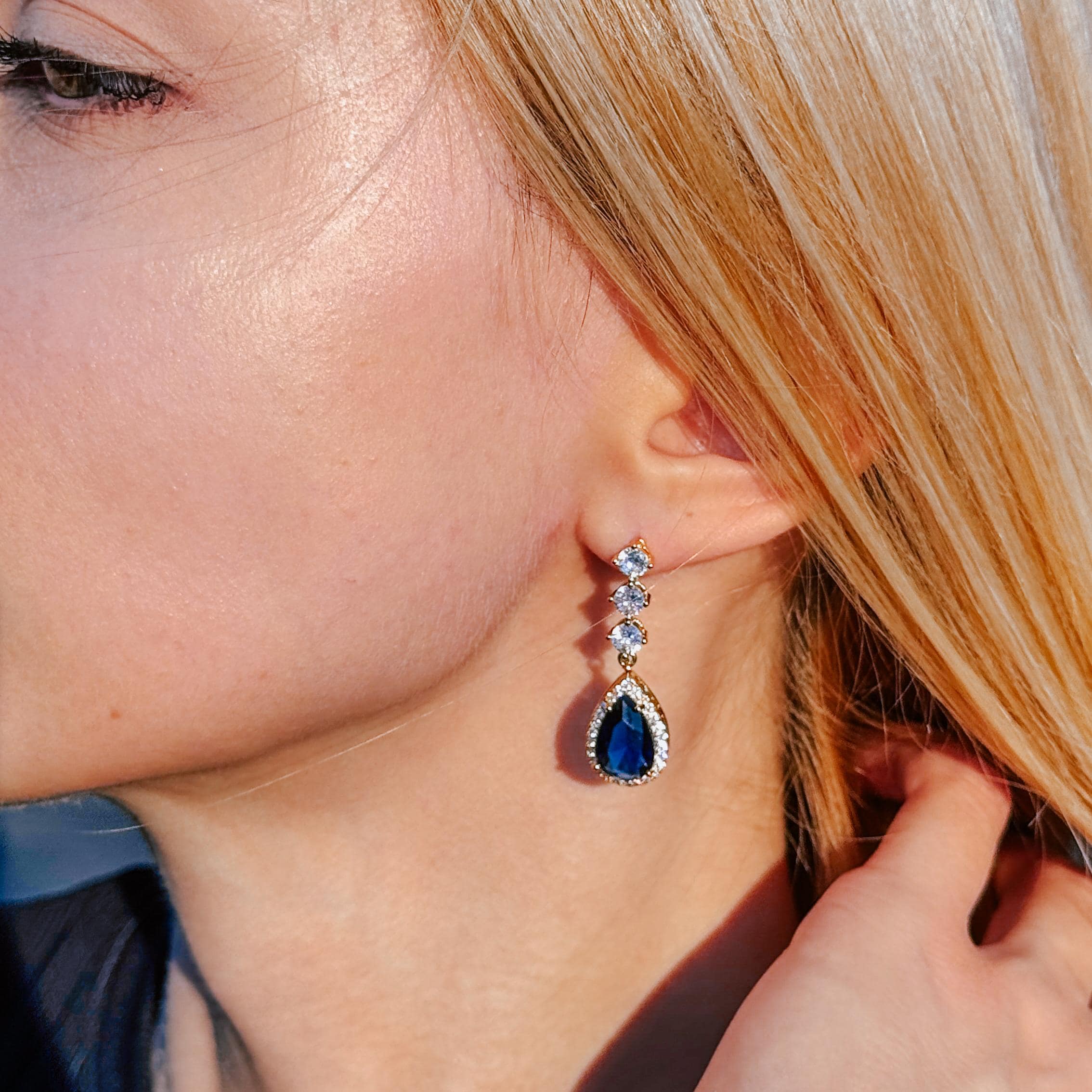 Blue Sapphire Earrings Bridal Crystal Drop Earrings Wedding Jewelry Teardrop Cubic Zirconia Earrings Gold Bridesmaid Gift Anniversary Gift