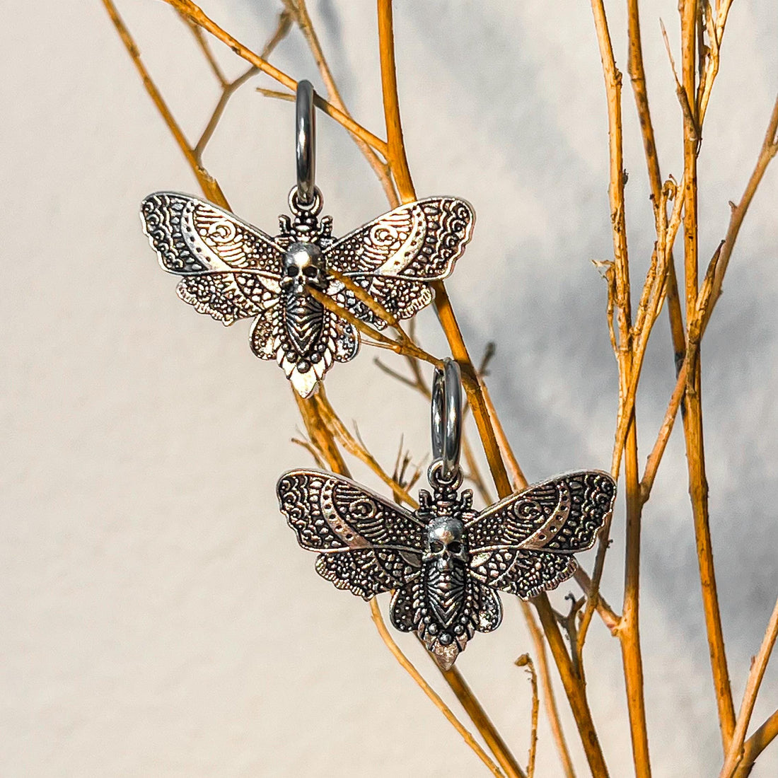 Silver Death's Head Moth Earrings Dangle Gothic Hoop Earrings Skull Insect Earrings Witchy Jewelry Halloween Earrings Skull Earrings